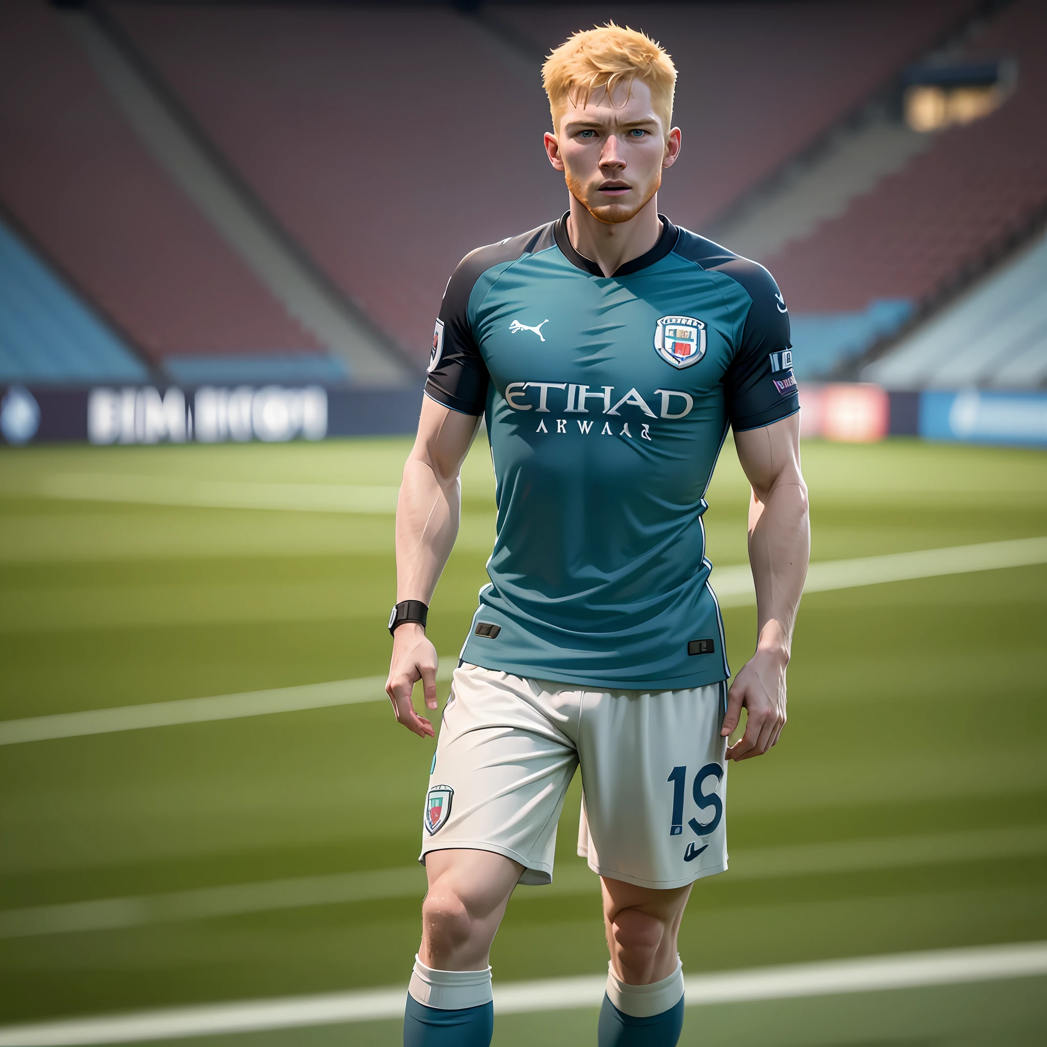 De bruyne Manchester city, scenery: football stadium, 8k, high definition, detailed face, detailed face, detailed eyes, hyper-realistic, + cinematic plan + dynamic composition, incredibly detailed, sharpness, detail + superb details + night with light + perfectionism + award-winning realism ((ambient lighting)) --auto --s2