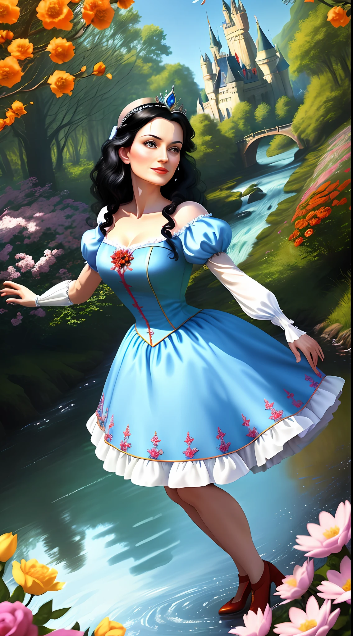 a middle-aged Disney Princess Snow White wearing a crown in the woods with many cute animals near her, dancing first-person view. Many flowers of various colors. A sunny day. with a river and a fairytale castle in the background. Walt Disney cartoon style masterpiece, multiple angles looking to the camera, big orange and red roses, 3, smelling, light smile, satellite image, close-up, dutch angle, three sided view