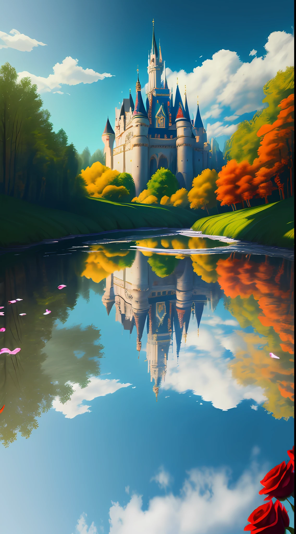 a middle-aged Disney Princess Snow White wearing a crown in the woods with many cute animals near her, dancing first-person view. Many flowers of various colors. A sunny day. with a river and a fairytale castle in the background. Walt Disney cartoon style masterpiece, multiple angles looking to the camera, big orange and red roses, 3, smelling, light smile, satellite image, close-up, dutch angle, three sided view