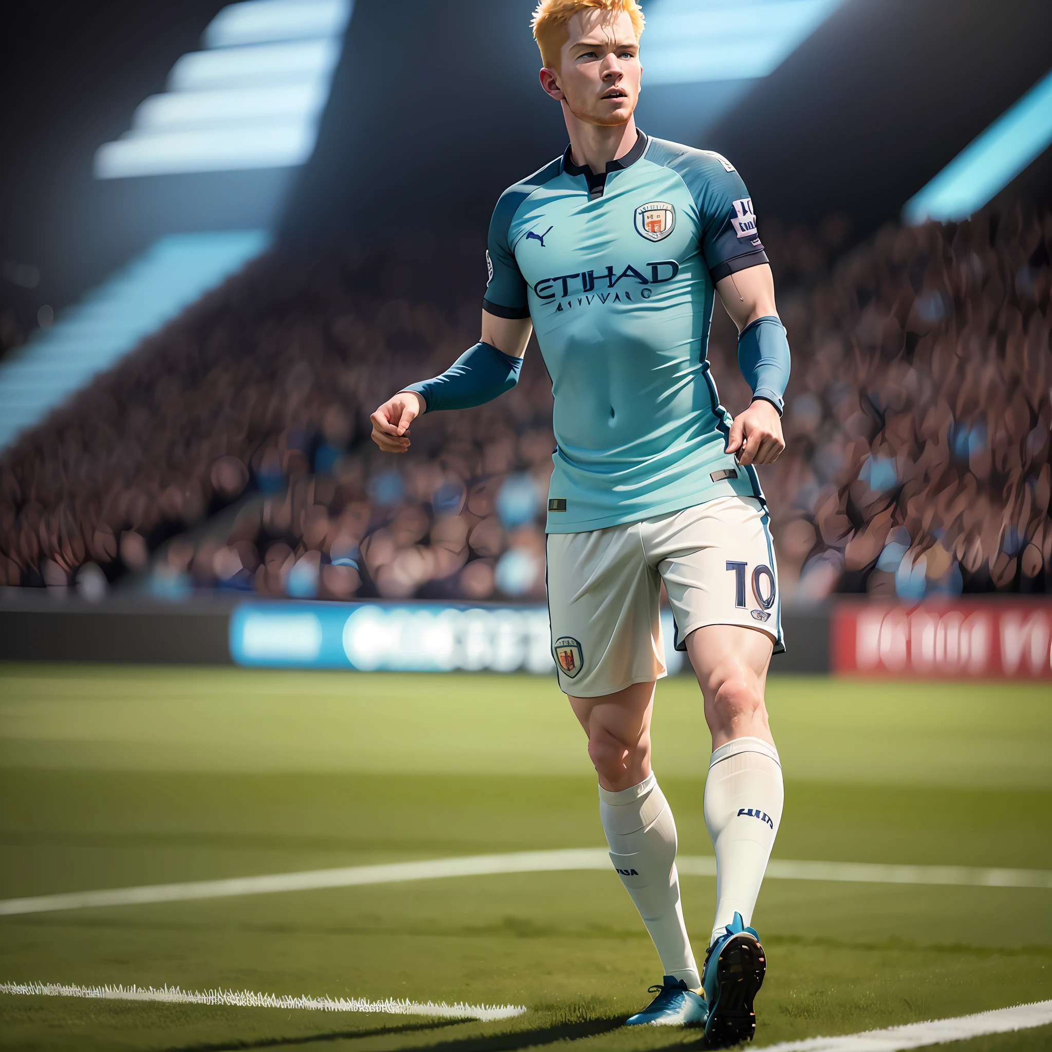 De bruyne Manchester city, scenery: football stadium, 8k, high definition, detailed face, detailed face, detailed eyes, hyper-realistic, + cinematic plan + dynamic composition, incredibly detailed, sharpness, detail + superb details + night with light + perfectionism + award-winning realism ((ambient lighting)) --auto --s2