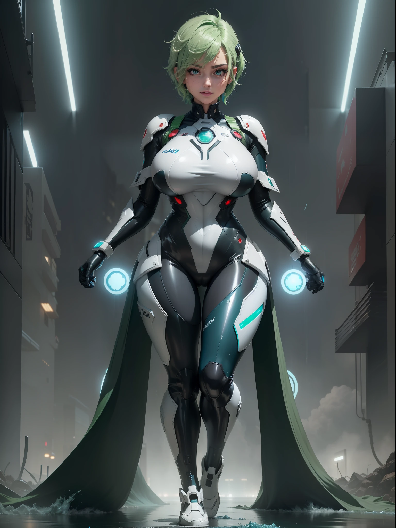 (full body image, standing, feet on the ground),((Luana/Woman) {with large breasts, black with white parts/kamen Rider/Ultraman/futuristic/transparent cemi costume, with blue jewelry on the breastplate of the suit,/extremely tight on the body}. In a futuristic city with heavy rain charged clouds in the night sky. Luana has (({short green hair with clips, blue eyes})), her hair and her clothes are extremely soaked, landed exhibitionist, is staring at the viewer, smiling. {red cheek}, front, anime, anime style, mortal kombat, 16k, UHD, best quality, high quality, award winning, anatomically correct, masterpiece
