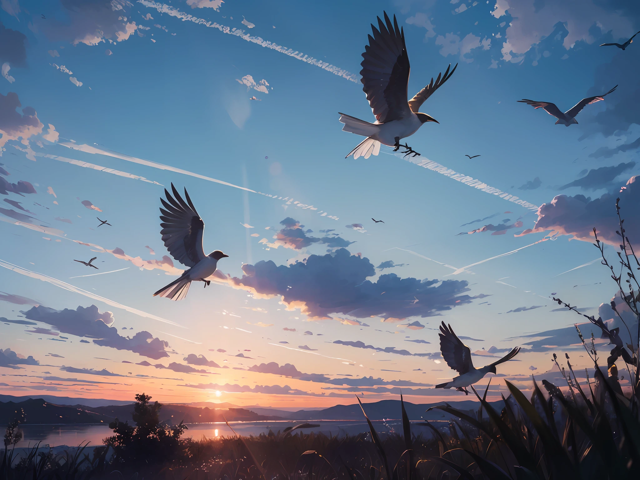 "(photorealism, spring, adventure, good night and good dreams, birds in flight:1.2, today's date), dusk, (better lighting, better shade), wide shot." --auto --s2