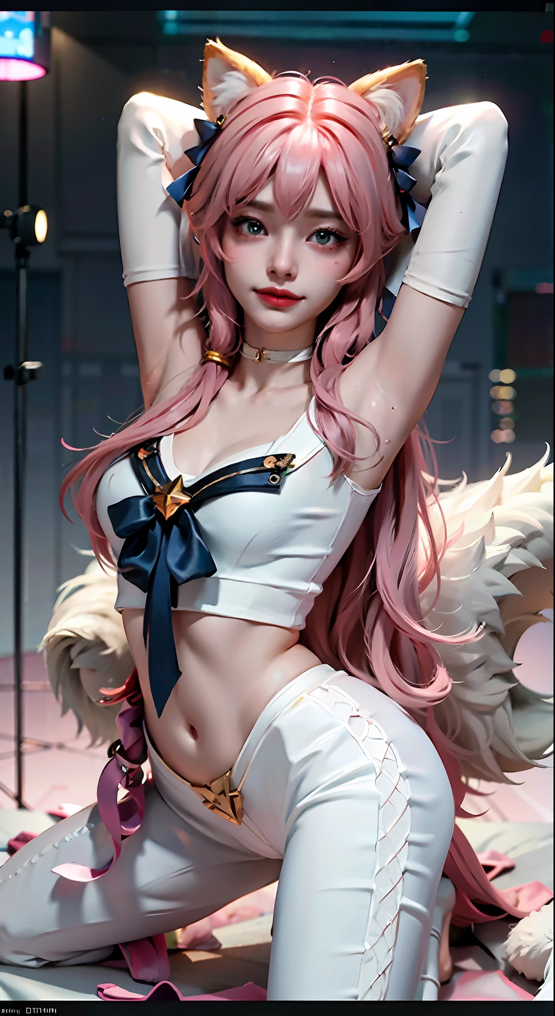Fox Human, Furry Ears, Ultra Clear, Detail Portrayal, Detail Legs, Greasy Skin, Cinematic Texture, Best Quality, Best Light, White Sweater, White Skinny Yoga Pants, Detail Face, Collarbone, Long Long Legs, Long Hair of Random Color, Random Color Eyes, Light Pollution, 8K, 3D, Hair Accessory Bow, Big, Smile, Expression, Action, Sailor, Hand Refinement, 8K HD, Star Guardian, Greasy Skin, Best Angle, Ultra HD Quality, Role Play, Unreal Engine, Best Gloss, Best quality, masterpiece, highest image quality