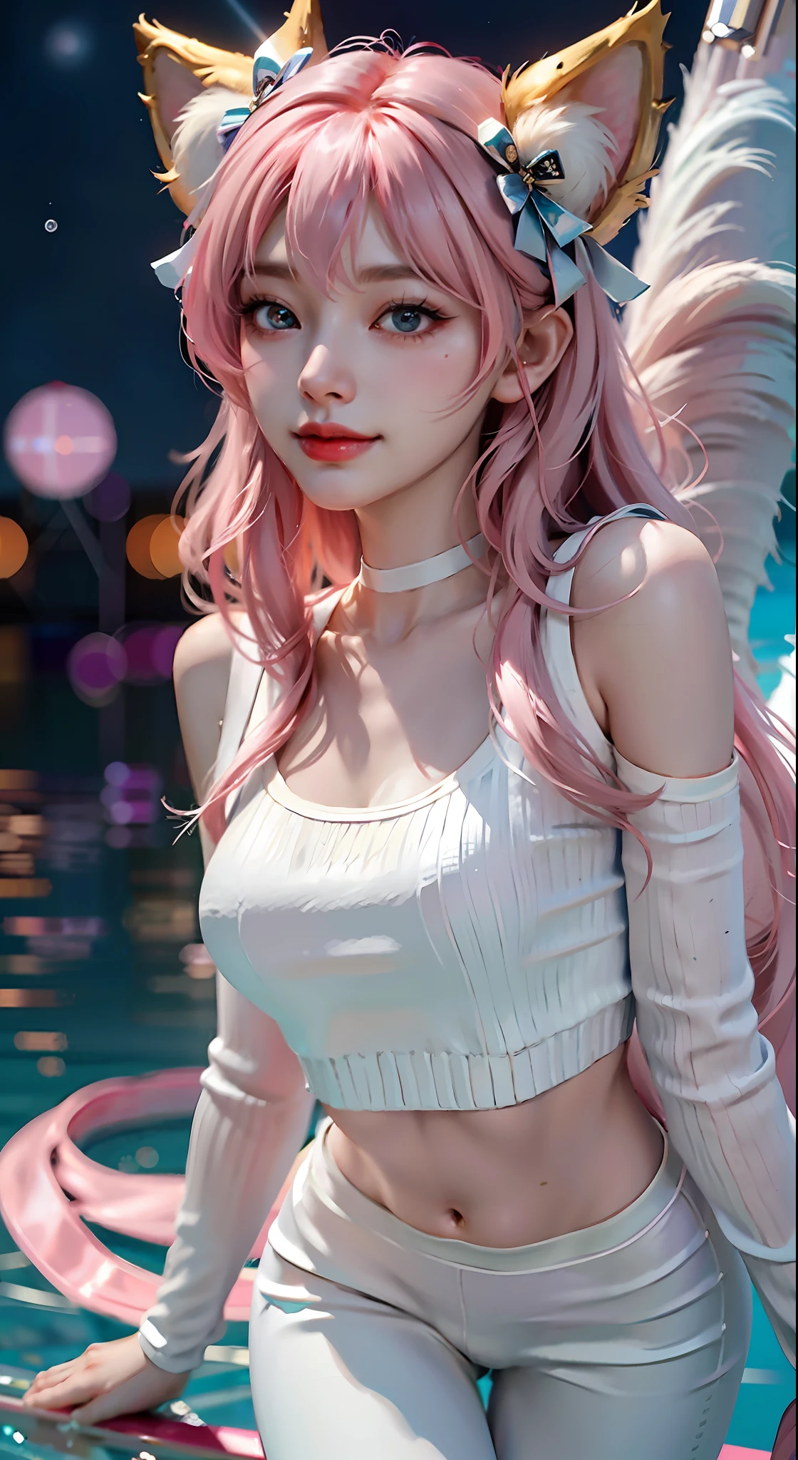 Fox Human, Furry Ears, Ultra Clear, Detail Portrayal, Detail Legs, Greasy Skin, Cinematic Texture, Best Quality, Best Light, White Sweater, White Skinny Yoga Pants, Detail Face, Collarbone, Long Long Legs, Long Hair of Random Color, Random Color Eyes, Light Pollution, 8K, 3D, Hair Accessory Bow, Big, Smile, Expression, Action, Sailor, Hand Refinement, 8K HD, Star Guardian, Greasy Skin, Best Angle, Ultra HD Quality, Role Play, Unreal Engine, Best Gloss, Best quality, masterpiece, highest image quality
