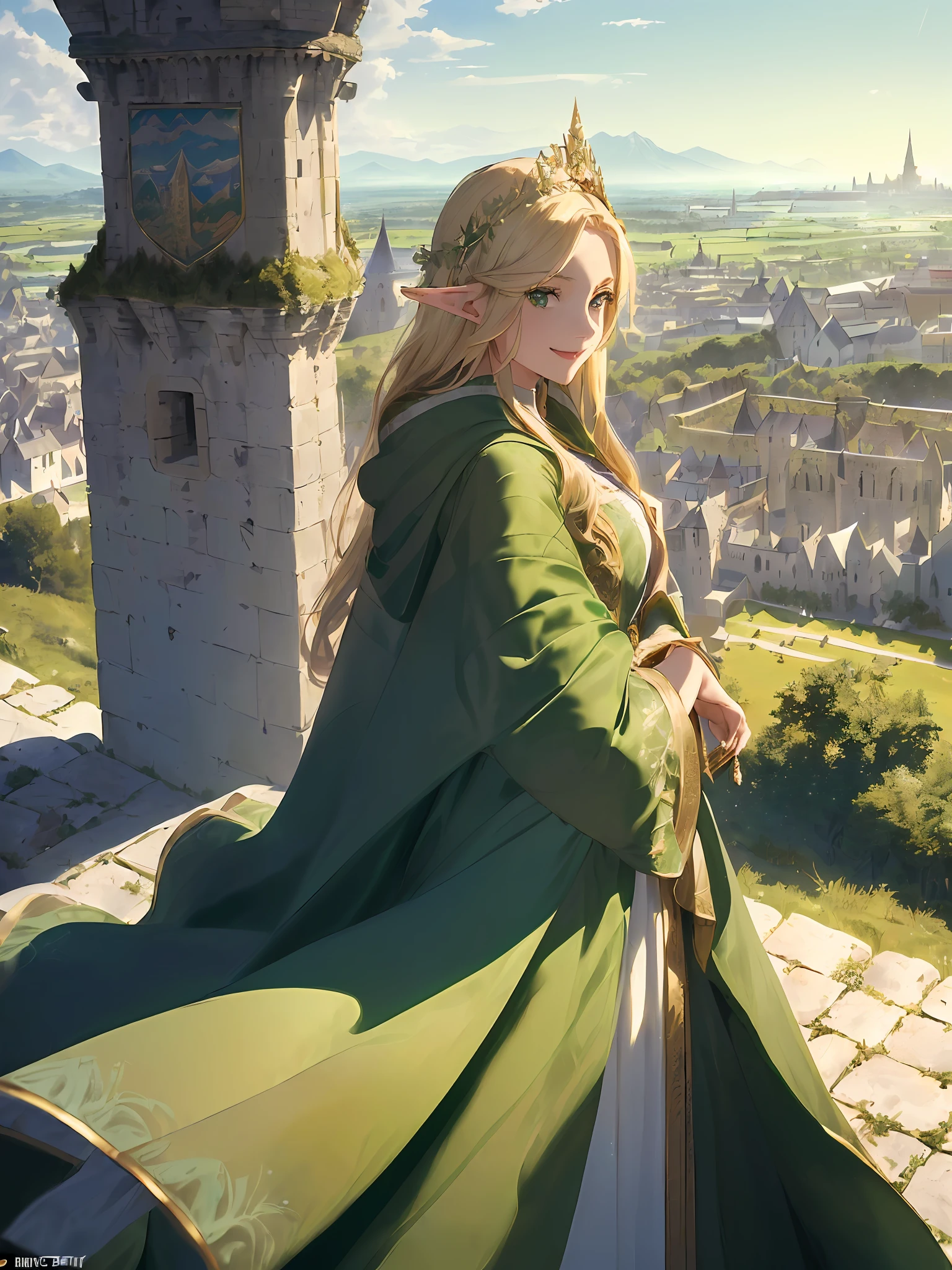 (((Masterpiece, highest quality, high definition, high detail)))), ((((Fantasy)))), one, (Elf Queen))), (Long white skirt embroidered with gold), (Blonde long straight hair), (Glossy dark green eyes), (Green dress embroidered with gold), Big, (((Looking out of the castle from the tallest tower of the castle)), (Walled city behind the city)), (blue sky)), (( Vast forest stretching beyond the ramparts)), (((magnificent mountain range visible in the distance)), (((Vast ramparts surrounding the fortified city behind)), (((Richly decorated green cloak)), tilting the head, smiling, (breeze), particles of light flying