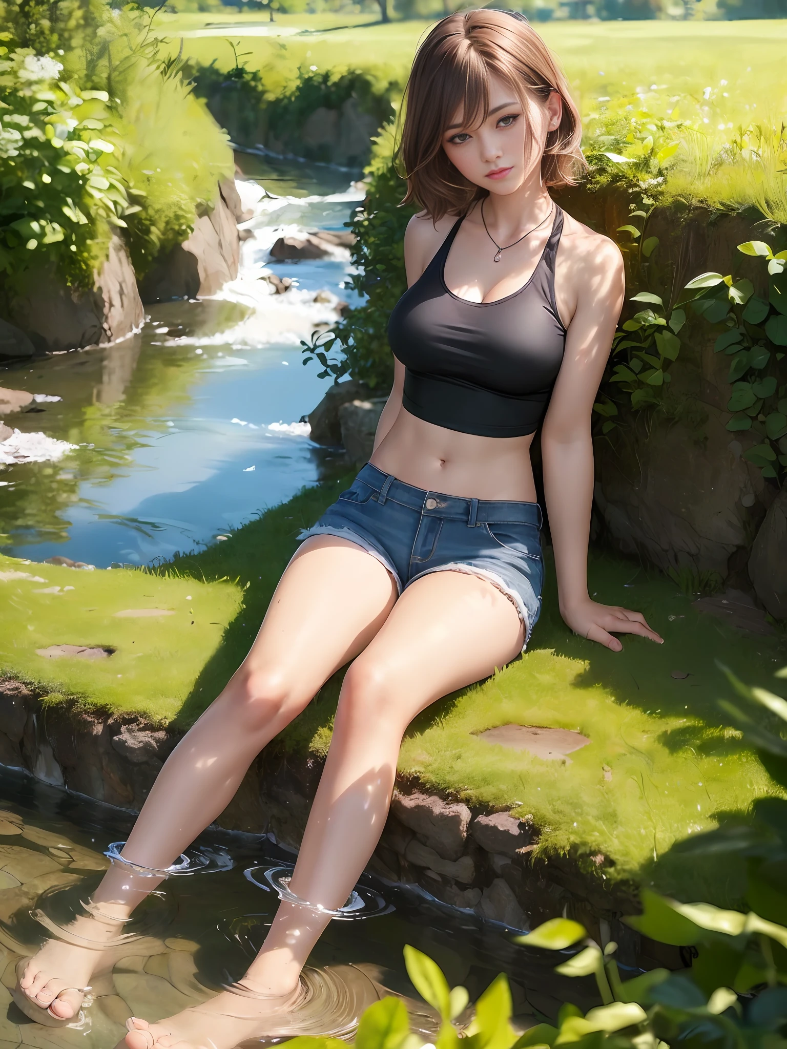 ((Big breasts))), ((Tomboy, small head)), Sunlight, Sunlight, (Chiseled abs: 1.1), (Perfect body: 1.1), (Short wavy hair: 1.2), Reddish brown hair, collar, chain, full body shot, crowded street, black tank top, jeans jacket, (((Shorts)), river, stream, in nature, ankles immersed, playing in water, (Highly detailed CG 8k wallpaper), (Very delicate and beautiful), (Masterpiece), (Best Quality: 1.0), (Ultra High Definition: 1.0), Beautiful lighting, perfect lightning, realistic shadows, [High Definition], Detailed skin, Super Detail