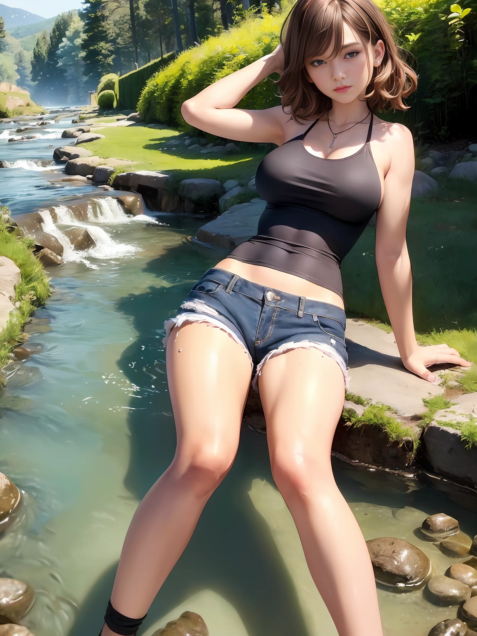 ((Big breasts))), ((Tomboy, small head)), Sunlight, Sunlight, (Chiseled abs: 1.1), (Perfect body: 1.1), (Short wavy hair: 1.2), Reddish brown hair, collar, chain, full body shot, crowded street, black tank top, jeans jacket, (((Shorts)), river, stream, in nature, ankles immersed, playing in water, (Highly detailed CG 8k wallpaper), (Very delicate and beautiful), (Masterpiece), (Best Quality: 1.0), (Ultra High Definition: 1.0), Beautiful lighting, perfect lightning, realistic shadows, [High Definition], Detailed skin, Super Detail