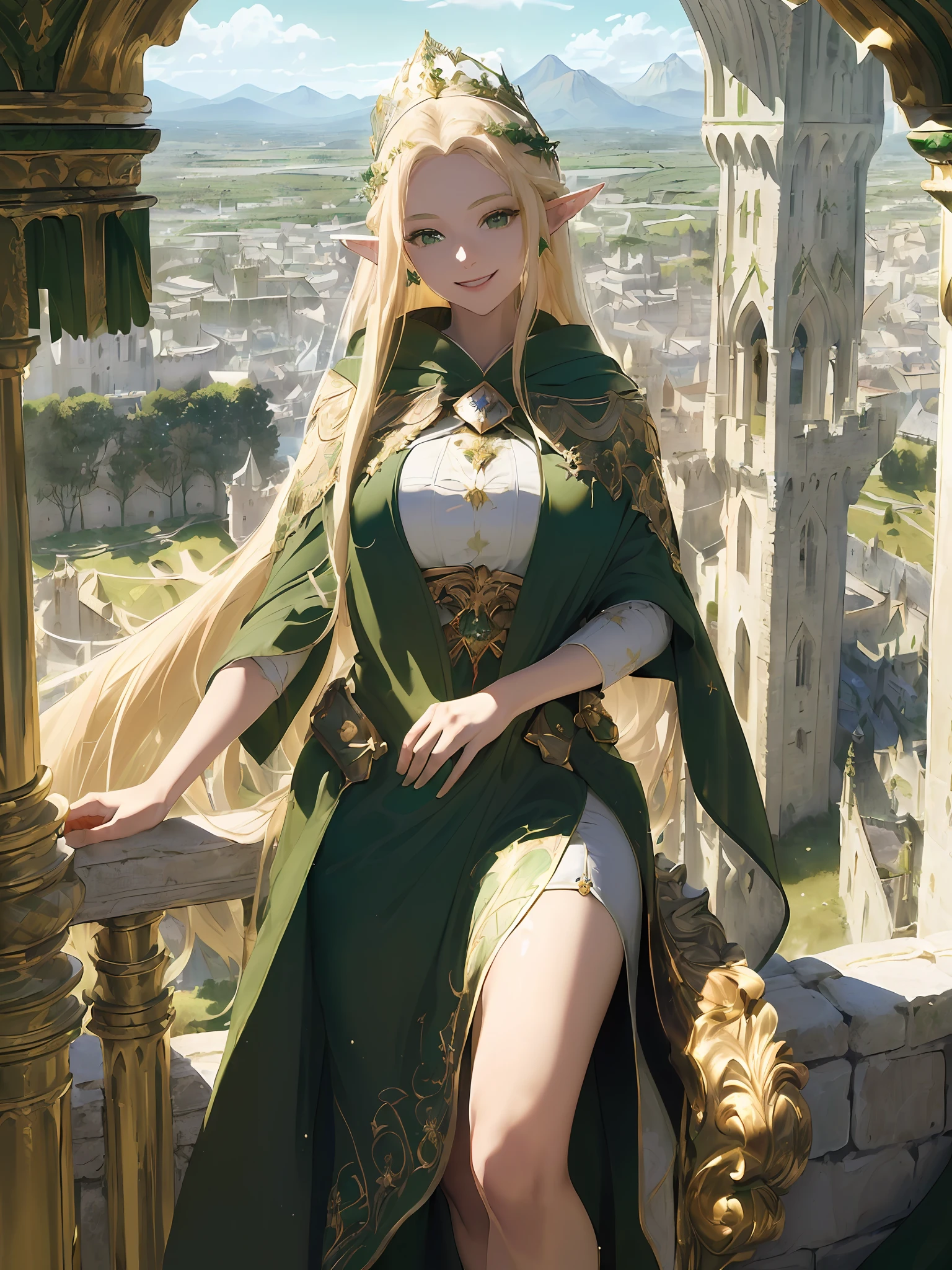 (((Masterpiece, highest quality, high definition, high detail)))), ((((Fantasy)))), one, (Elf Queen))), (Long white skirt embroidered with gold), (Blonde long straight hair), (Glossy dark green eyes), (Green dress embroidered with gold), Big, (((Looking out of the castle from the tallest tower of the castle)), (Walled city behind the city)), (blue sky)), (( Vast forest stretching beyond the ramparts)), (((magnificent mountain range visible in the distance)), (((Vast ramparts surrounding the fortified city behind)), (((Richly decorated green cloak)), tilting the head, smiling, (breeze), particles of light flying