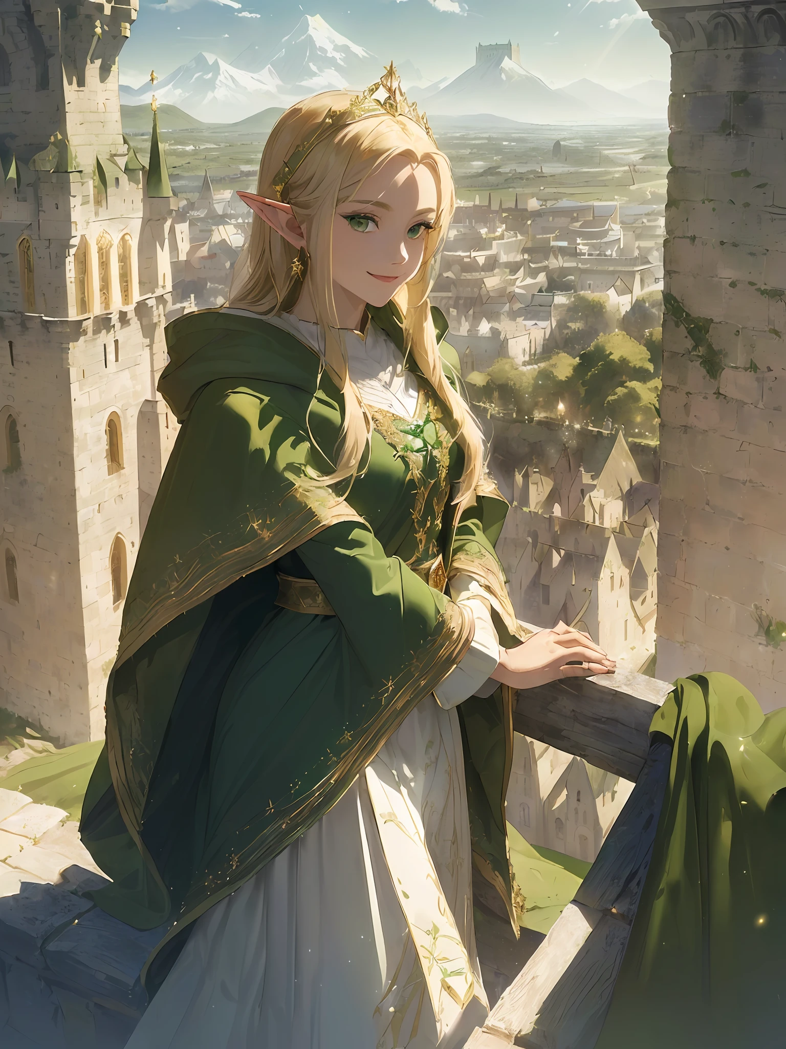 (((Masterpiece, highest quality, high definition, high detail)))), ((((Fantasy)))), one, (Elf Queen))), (Long white skirt embroidered with gold), (Blonde long straight hair), (Glossy dark green eyes), (Green dress embroidered with gold), Big, (((Looking out of the castle from the tallest tower of the castle)), (Walled city behind the city)), (blue sky)), (( Vast forest stretching beyond the ramparts)), (((magnificent mountain range visible in the distance)), (((Vast ramparts surrounding the fortified city behind)), (((Richly decorated green cloak)), tilting the head, smiling, (breeze), particles of light flying