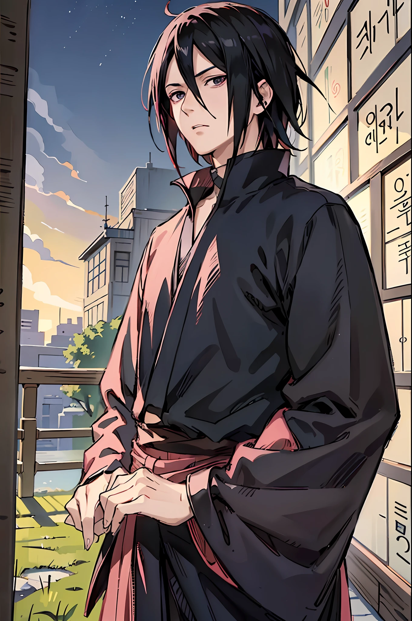 ((Sasuke uchiha)), ((man)), (Sasuke), handsome face, masterpiece, best quality, (1 man), 25 years, mature, short hair, elegant nose,pale skin, broad shoulders, Korean hair, black hair, ((Korean face)), (one of the eyes covered by bangs) black eyes, wearing suit, whole body, japan, end of day, twilight, dusk, dark theme, traces of masashi kishimoto, anime, unadorned, no bandana, accompanied by a woman with short pink hair.
