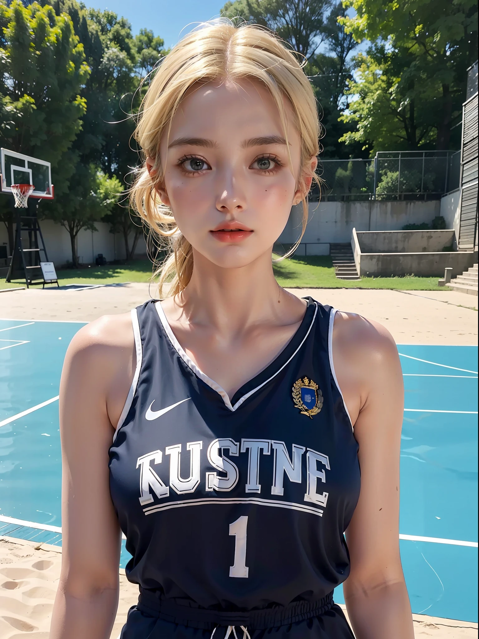 1woman 35yo, (European woman) Caucasian, blonde hair, waist up, faint smile, shiny skin
Best quality, masterpiece, (realistic: 1.4), basketball court, blue sky, sunshine