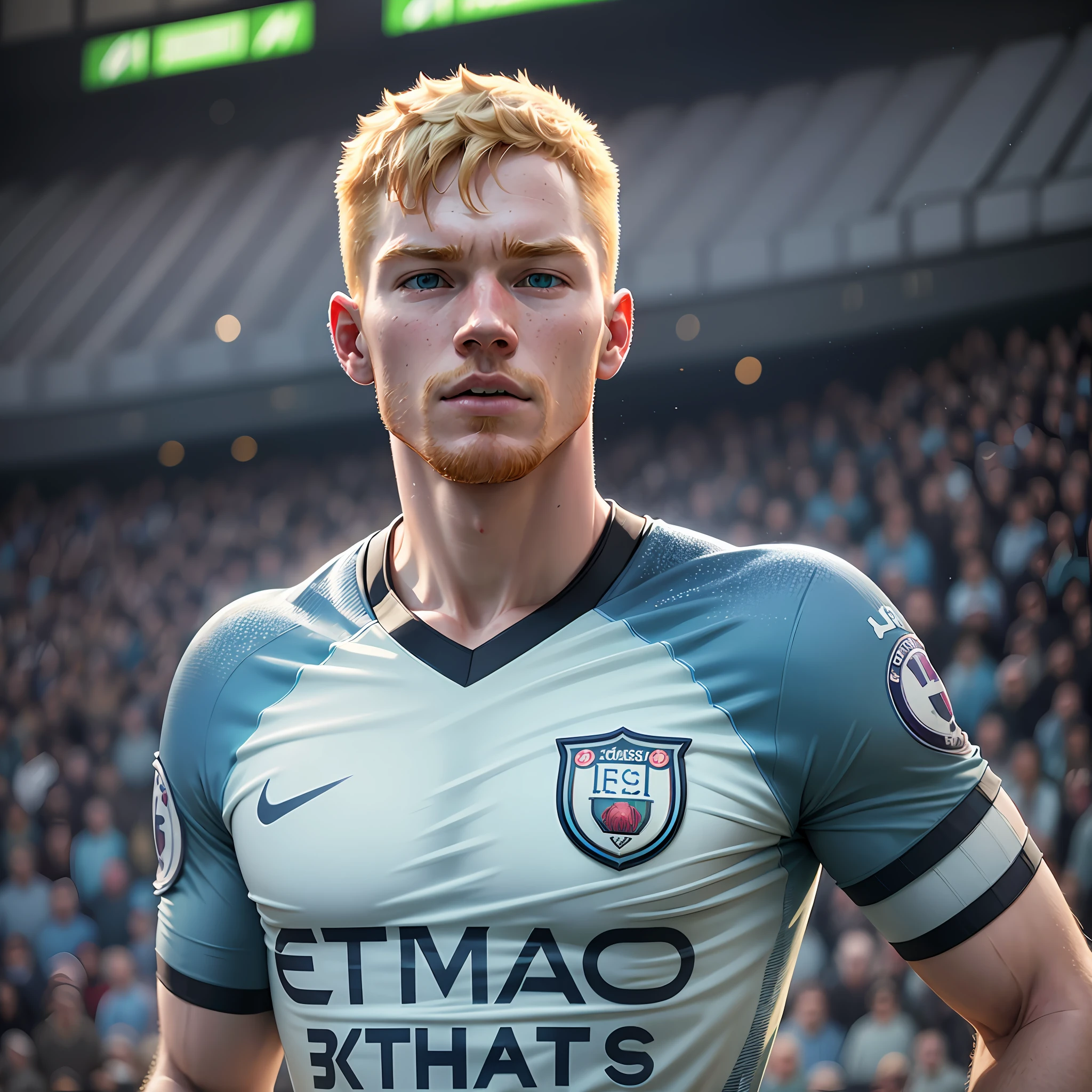 De bruyne Manchester city, scenery: football stadium, 8k, high definition, detailed face, detailed face, detailed eyes, hyper-realistic, + cinematic plan + dynamic composition, incredibly detailed, sharpness, detail + superb details + night with light + perfectionism + award-winning realism ((ambient lighting)) --auto --s2