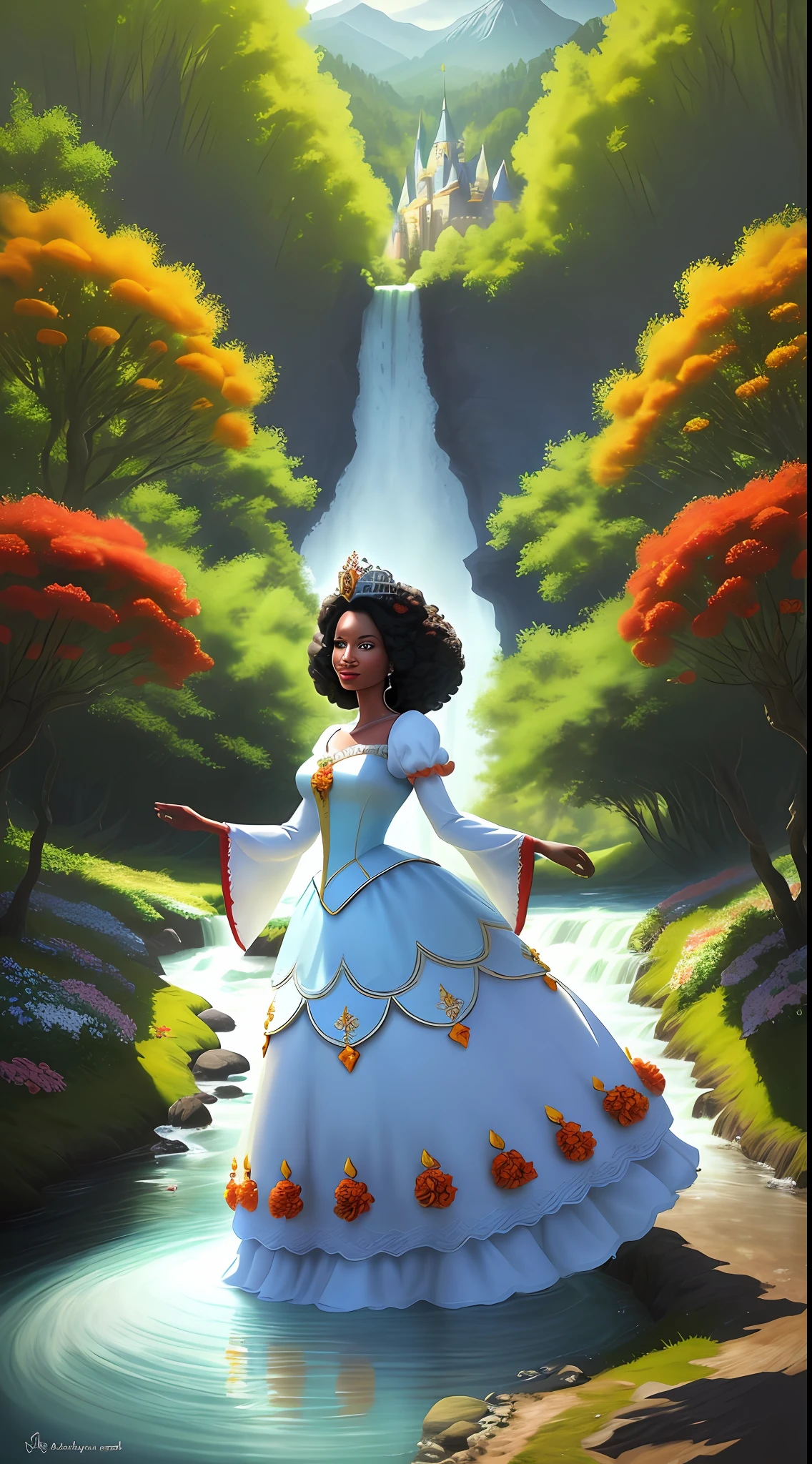 a middle-aged Afro Snow White Disney Princess wearing a crown in the woods with many cute animals near her, dancing first-person view. Many flowers of various colors. A sunny day. with a river and a fairytale castle in the background. Walt Disney cartoon style masterpiece, multiple angles looking to the camera, big orange and red roses, 3, smelling, light smile, satellite image, close-up, dutch angle, three sided view