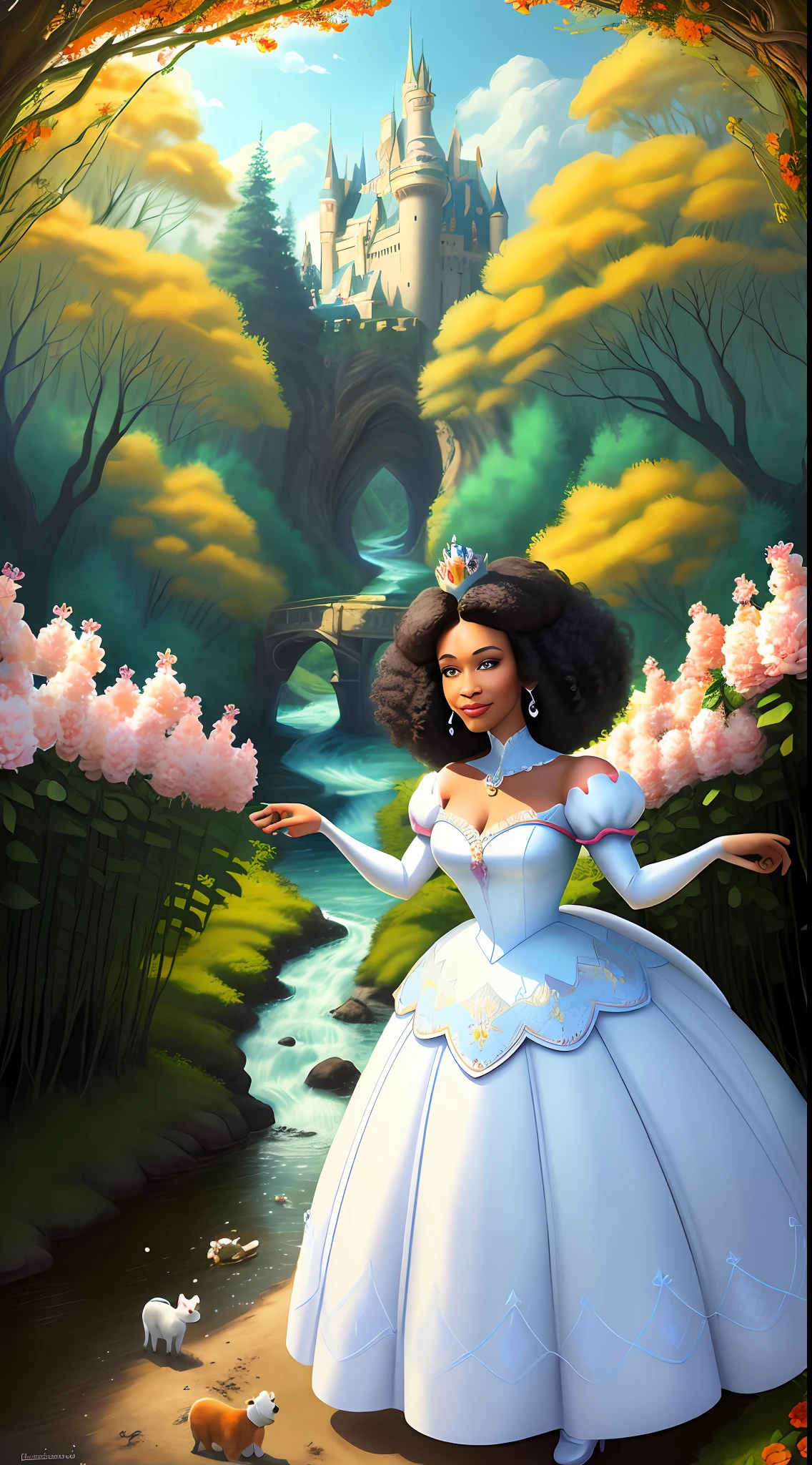 a middle-aged Afro Snow White Disney Princess wearing a crown in the woods with many cute animals near her, dancing first-person view. Many flowers of various colors. A sunny day. with a river and a fairytale castle in the background. Walt Disney cartoon style masterpiece, multiple angles looking to the camera, big orange and red roses, 3, smelling, light smile, satellite image, close-up, dutch angle, three sided view