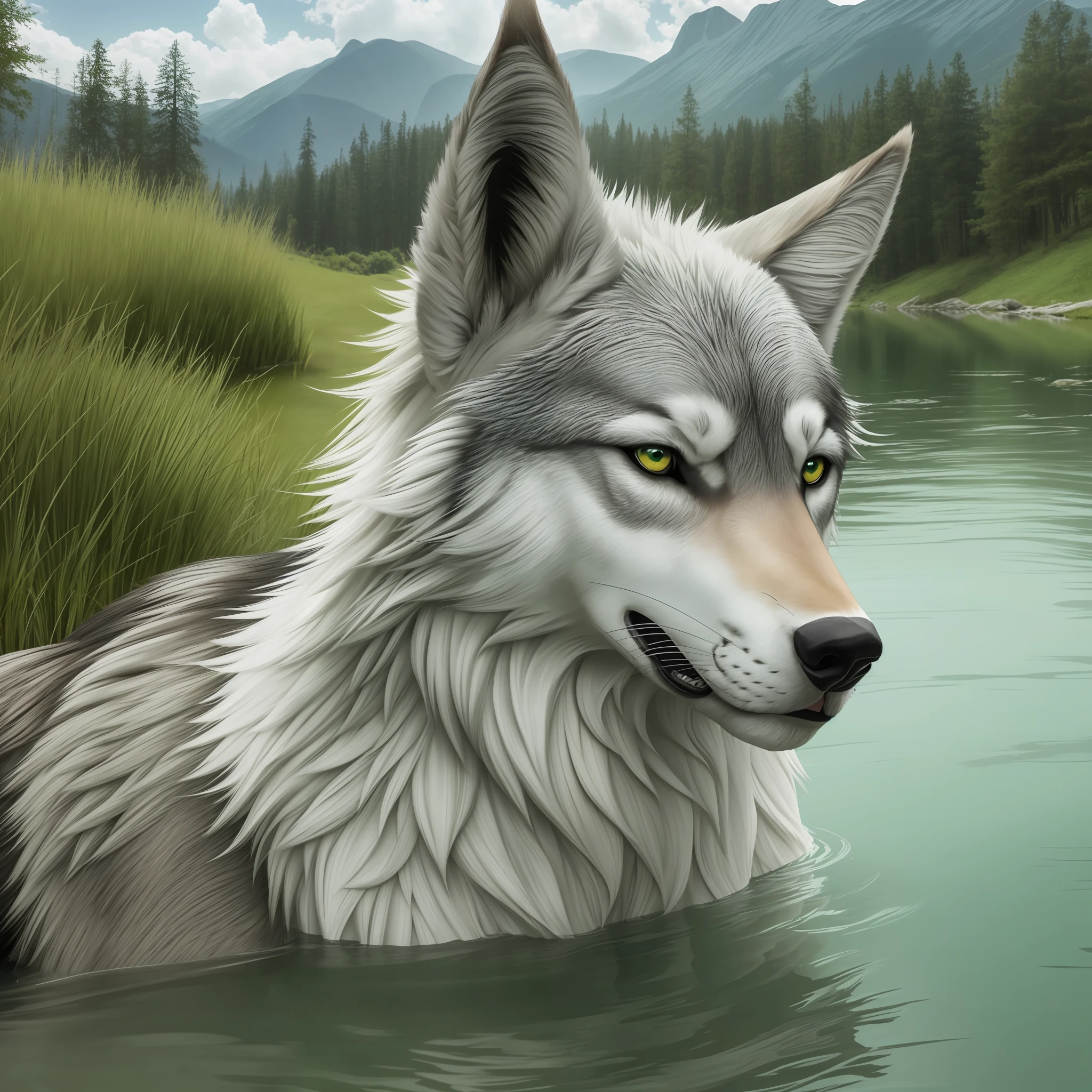 ( High quality), (realistic photo), (3d) Wolf looking at his reflection in a green river, along with a Nordic warrior (white hair, green eyes, with warrior clothing)