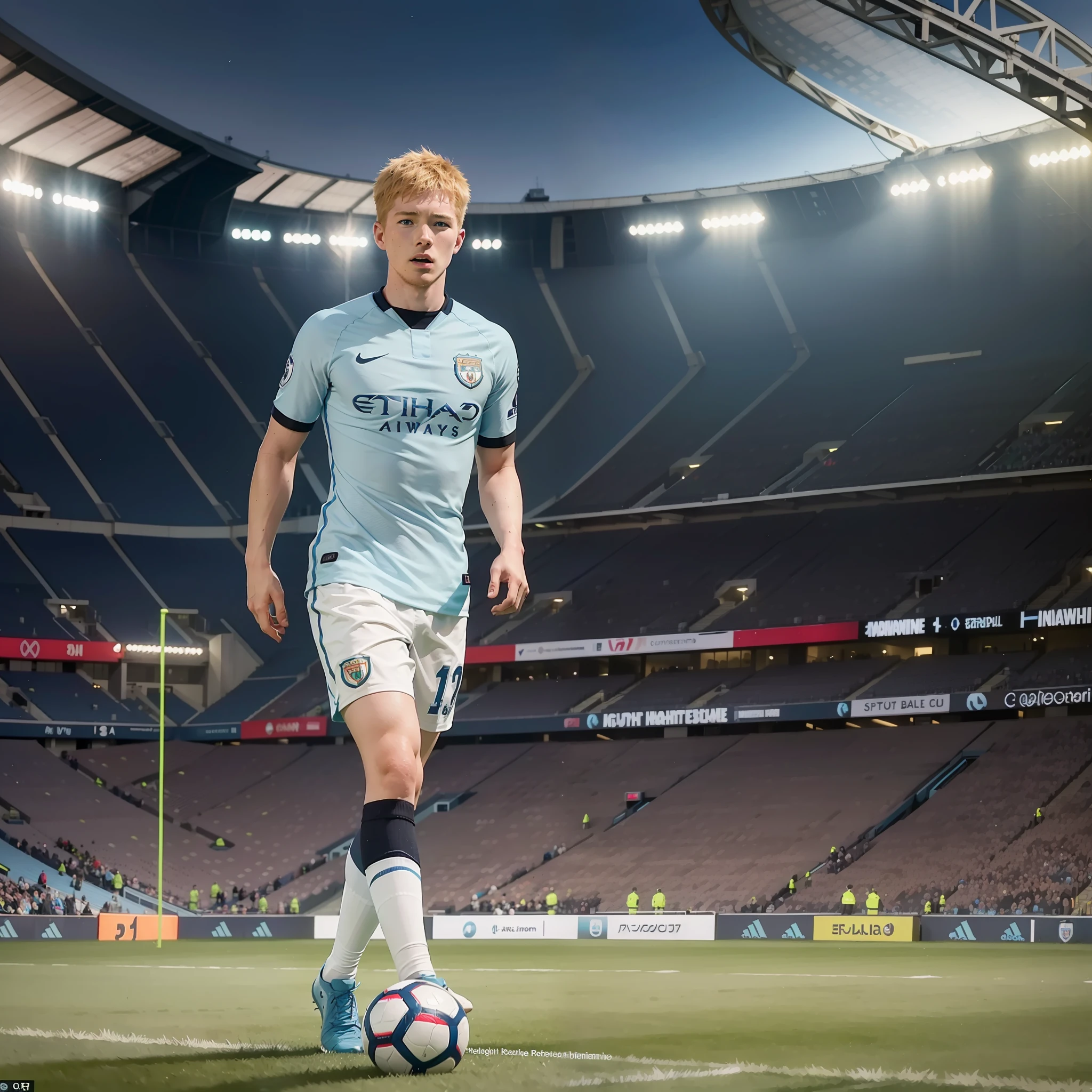 De bruyne Manchester city, scenery: football stadium, 8k, high definition, detailed face, detailed face, detailed eyes, hyper-realistic, + cinematic plan + dynamic composition, incredibly detailed, sharpness, detail + superb details + night with light + perfectionism + award-winning realism ((ambient lighting)) --auto --s2
