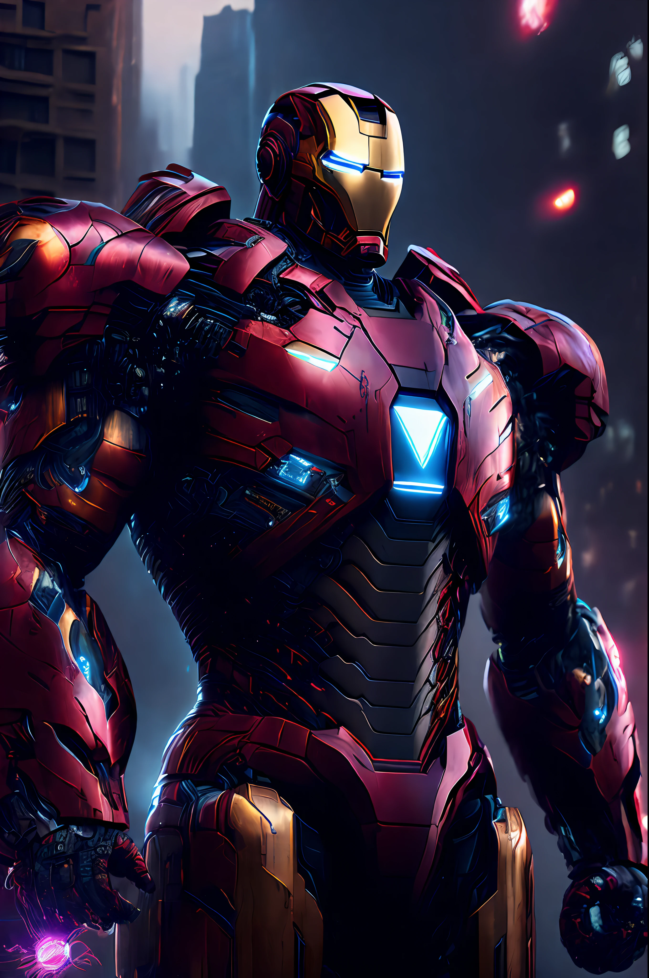 (best quality, masterpiece, ultra detailed), iron man, industrial high-end, city background, lots of details, cyberpunk, 8k, intense colors, cybernetic glow, enveloping smoke, dynamic light effects, overview.