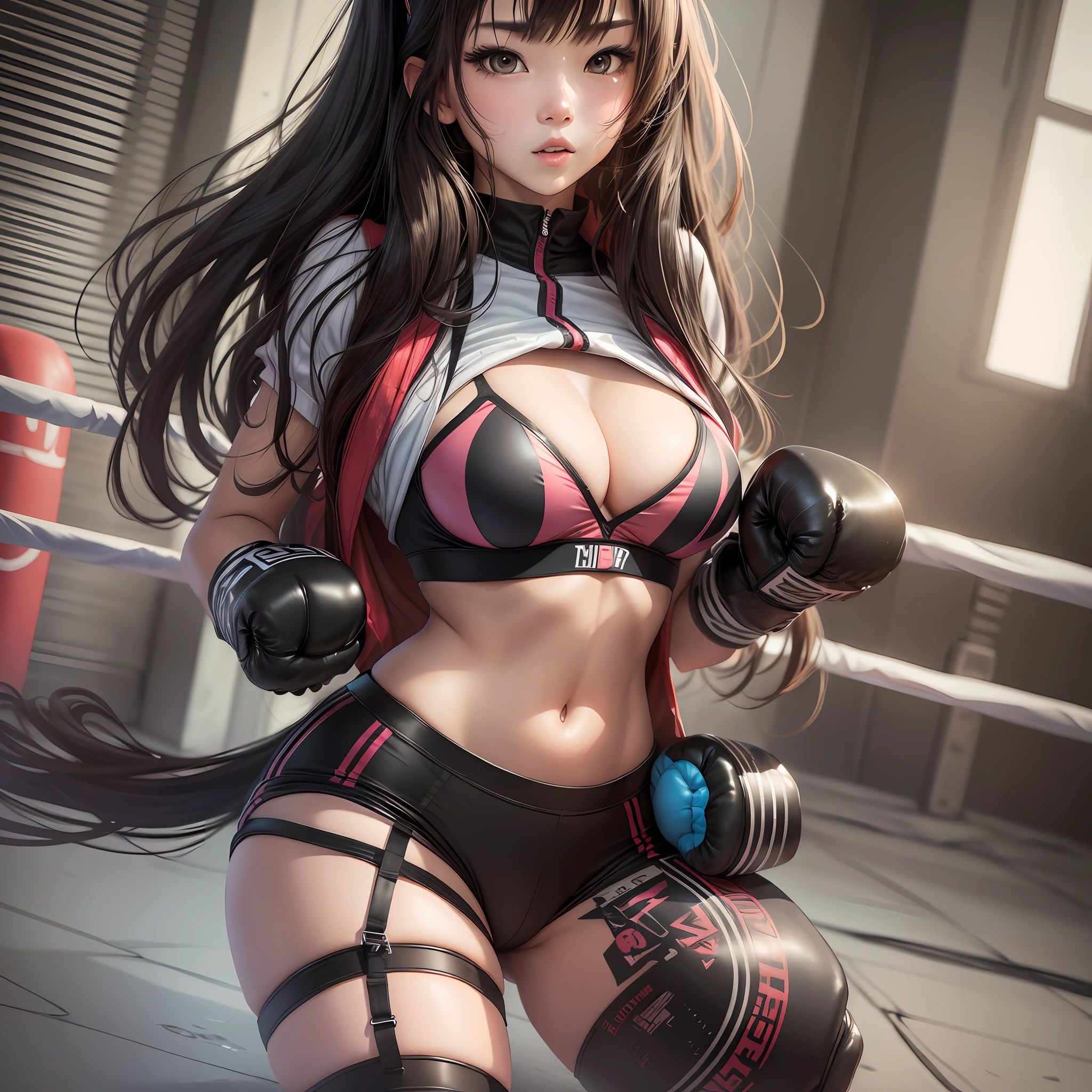 Single, girly, boxing gloves, black sports bras, stockings, Asian, long hair, cleavage