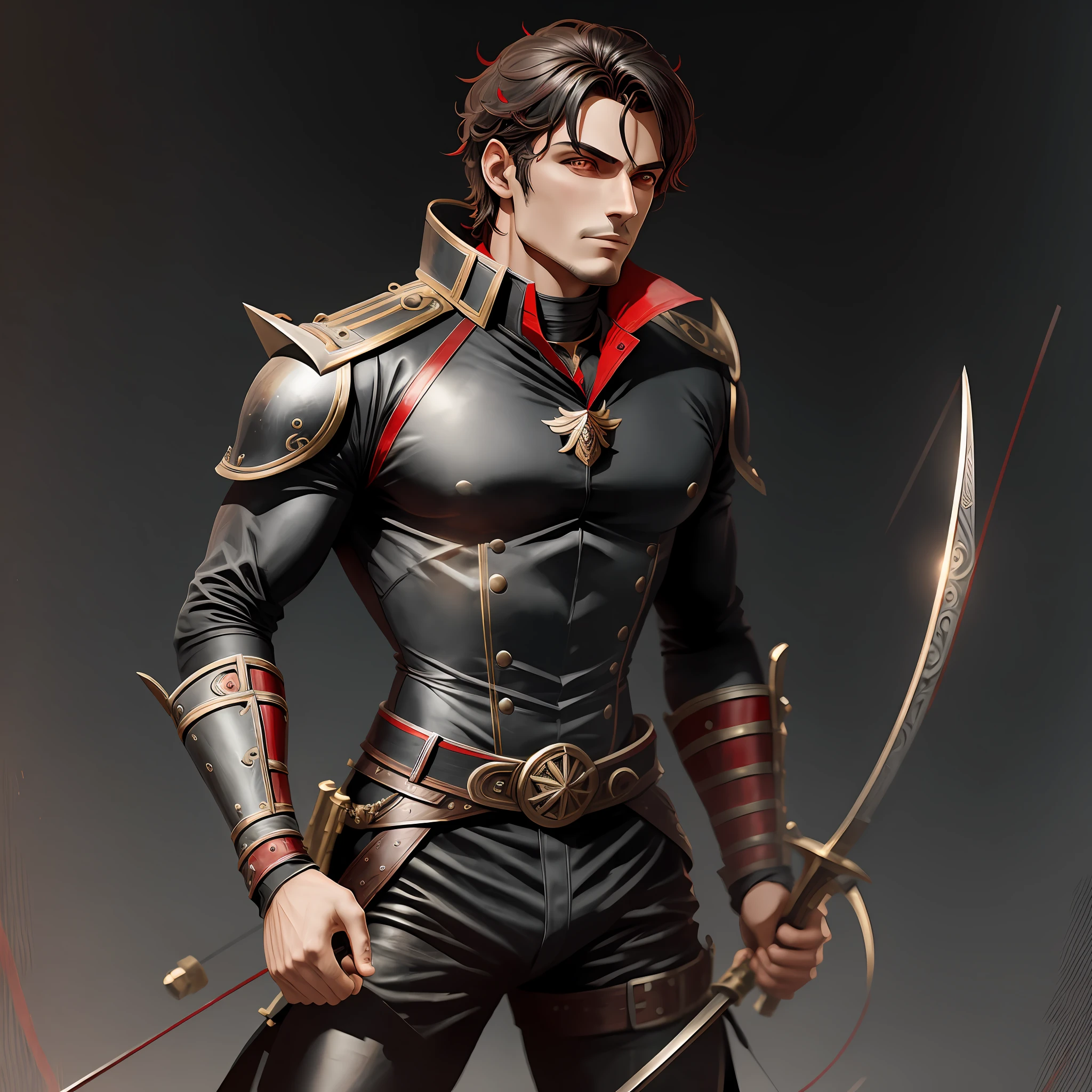 Corinthian musketeer, male, metal parts, black and red clothing, muscular, holding a fencing sword