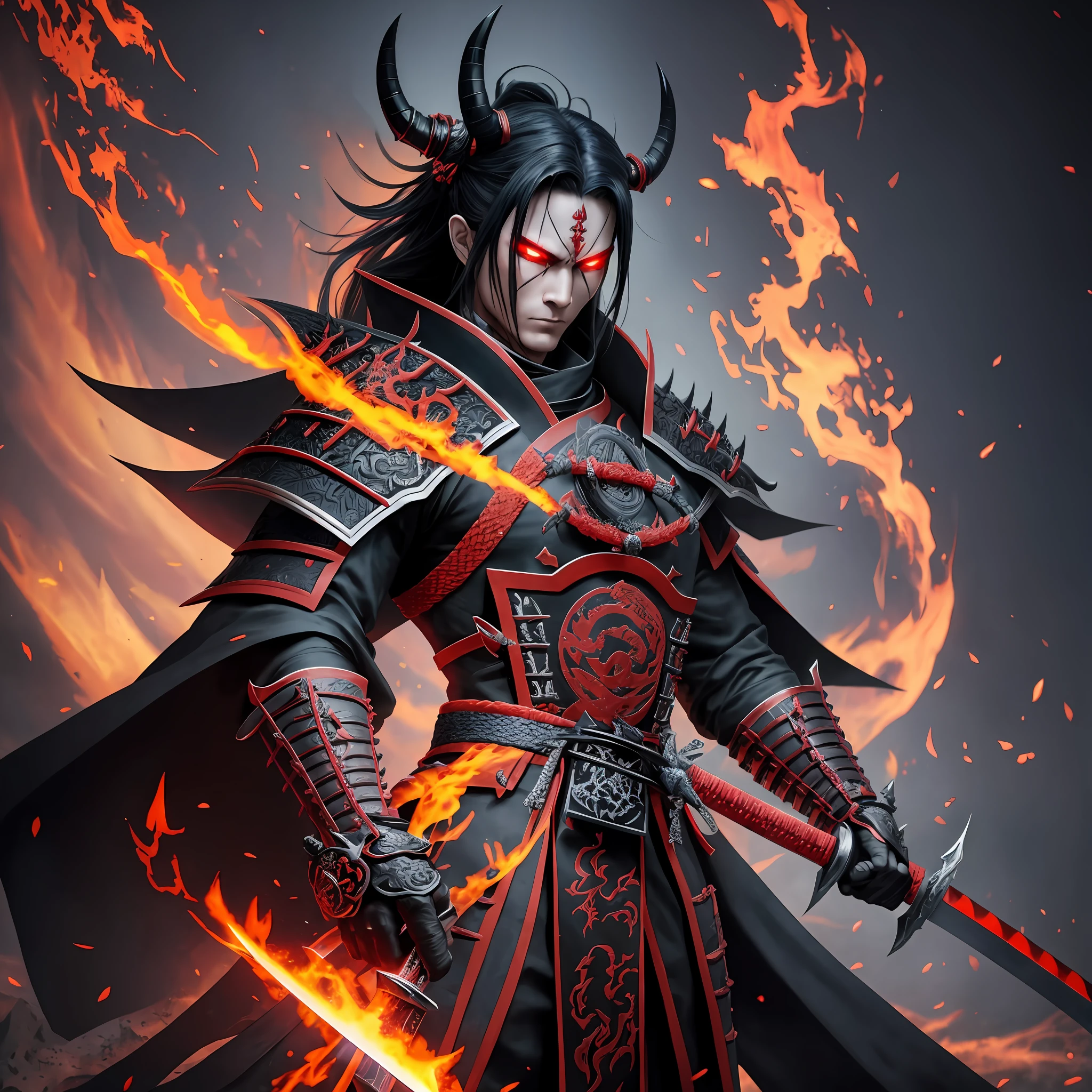 demon samurai with black cape on fire with a sword with details of drgon in each hand hyperdetailed dark art intricately detailed trend in Artstation triadic colors Unreal Engine 5 detailed matte painting8k resolution, gothic masterpiece of deviantart --auto --s2