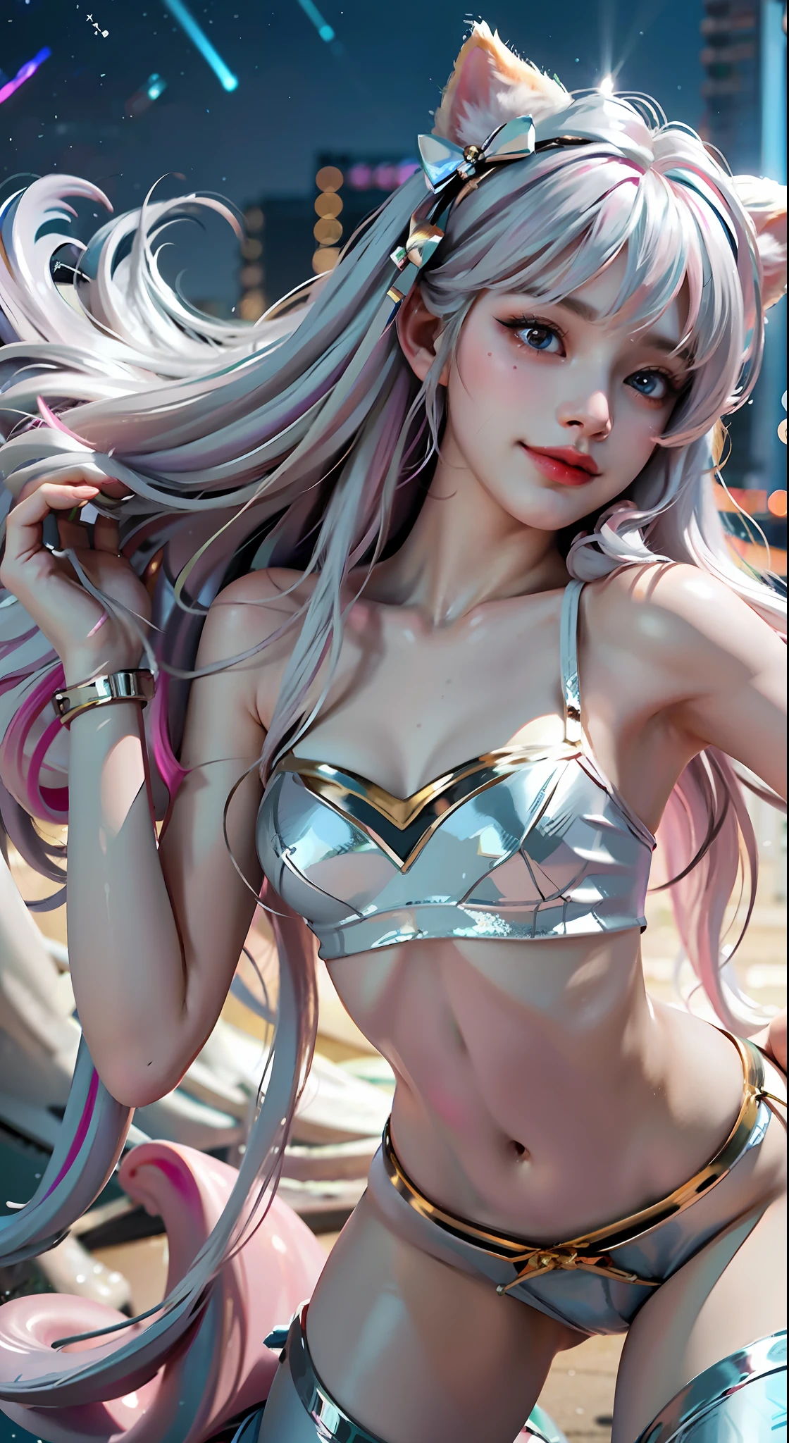 Fox Human, Furry Ears, Ultra Clear, Detail Portrayal, Detail Legs, Greasy Skin, Cinematic Texture, Best Quality, Best Light, White Sweater, White Skinny Yoga Pants, Detail Face, Collarbone, Long Long Legs, Long Hair of Random Color, Random Color Eyes, Light Pollution, 8K, 3D, Hair Accessory Bow, Big, Smile, Expression, Action, Sailor, Hand Refinement, 8K HD, Star Guardian, Greasy Skin, Best Angle, Ultra HD Quality, Role Play, Unreal Engine, Best Gloss, Best quality, masterpiece, highest image quality