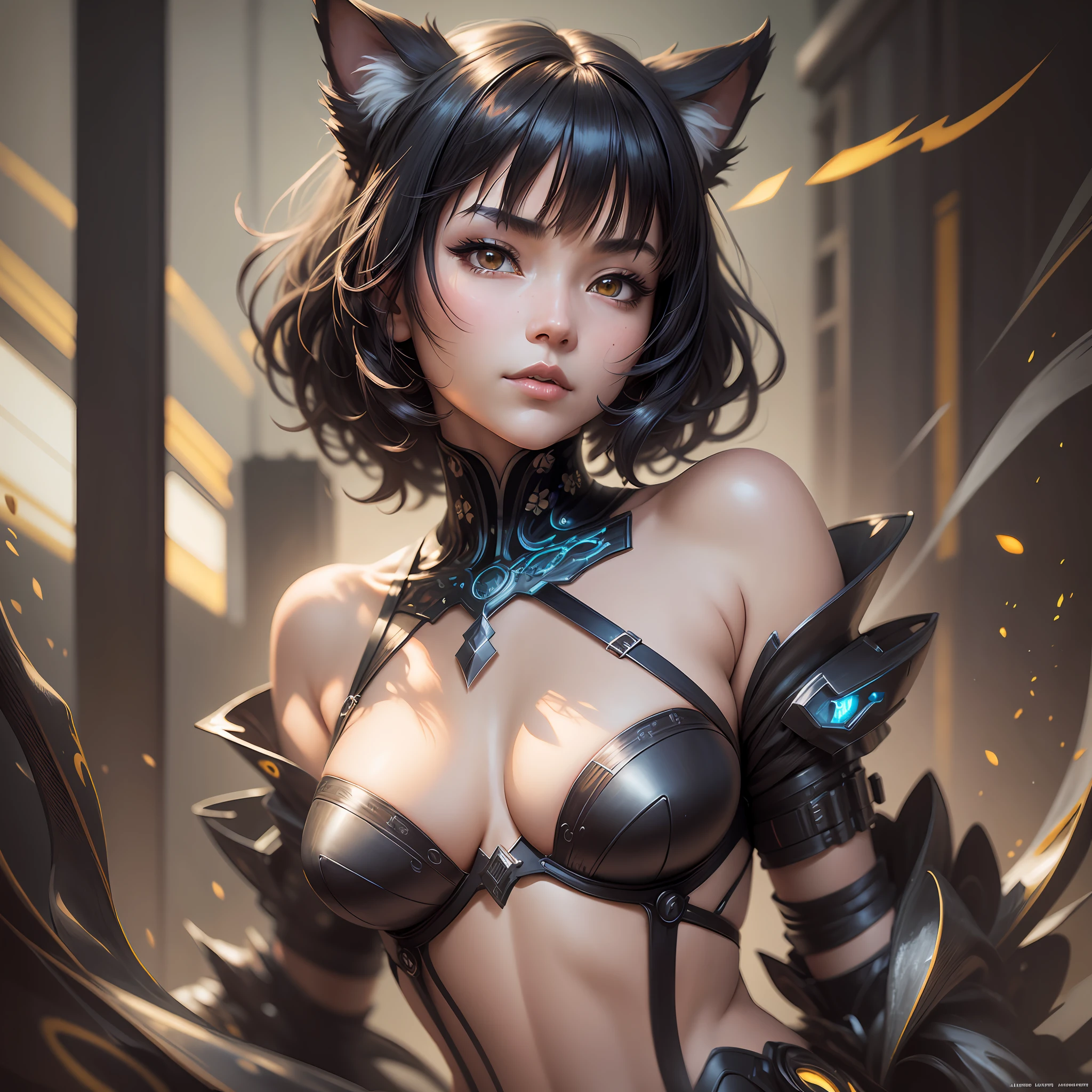 a beautiful chiaroscuro painting of a cute asian cyberpunk Nekomata catgirl wearing black organic shaped lacework ceramic cyberpunk armor, asian eyes, cat ears, fringe cut and bangs swirling shapeless hair, dynamic pose, beautiful and elegant, contrasting lights and shadows background, dark shadows, backlit, painted by H.R. Giger, Luis Royo, Alphonse Mucha, artgerm + depth of field + sharp focus + vfx + post processing + 8k --auto --s2