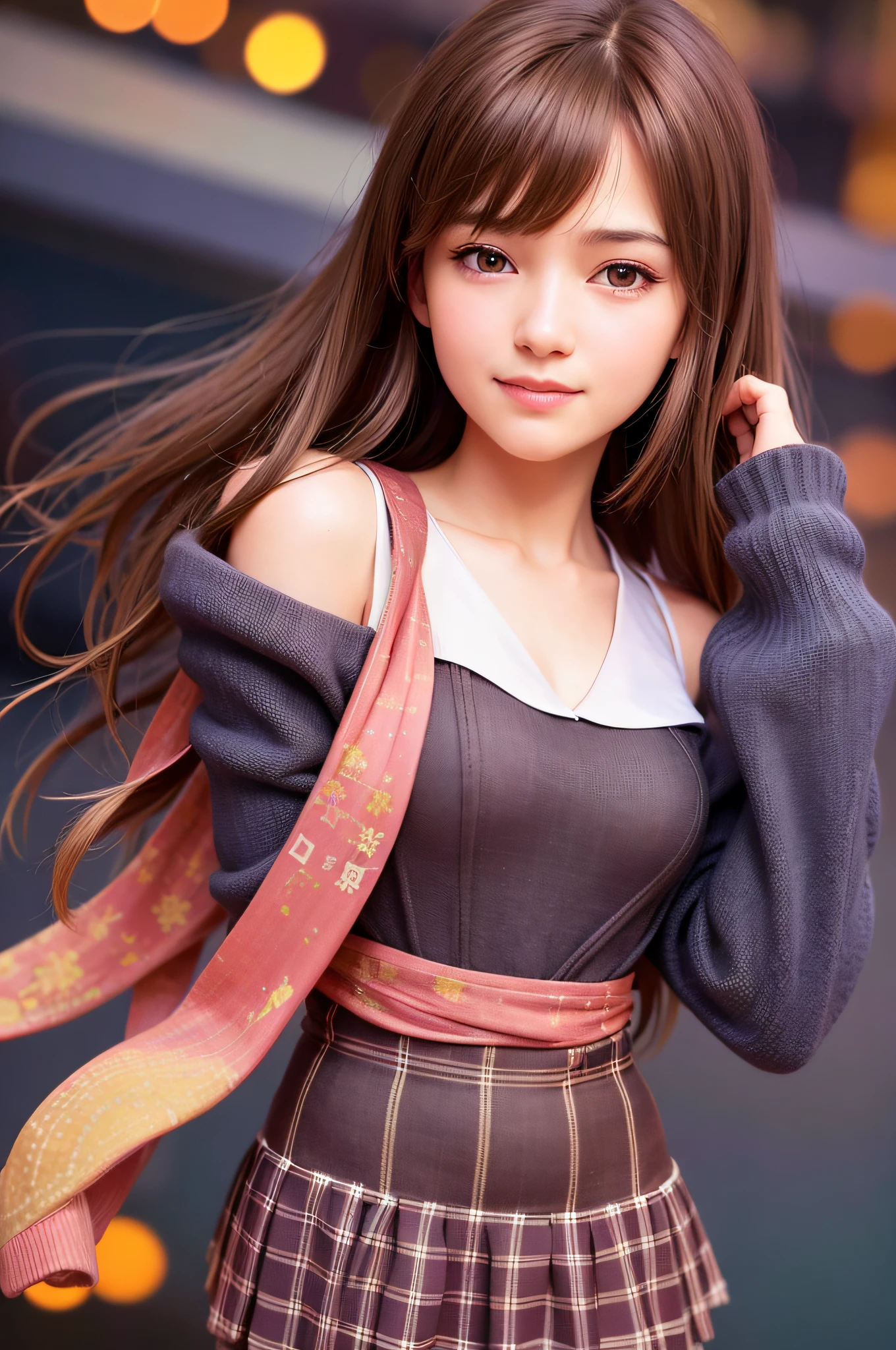 best quality, ultra high res, (photorealistic:1.4), a cute schoolgirl in Club, (detailed face), detailed eyes, side bangs, dark brown hair, medium length hair, brown eyes, (smile:1.0), (bokeh:1.2)