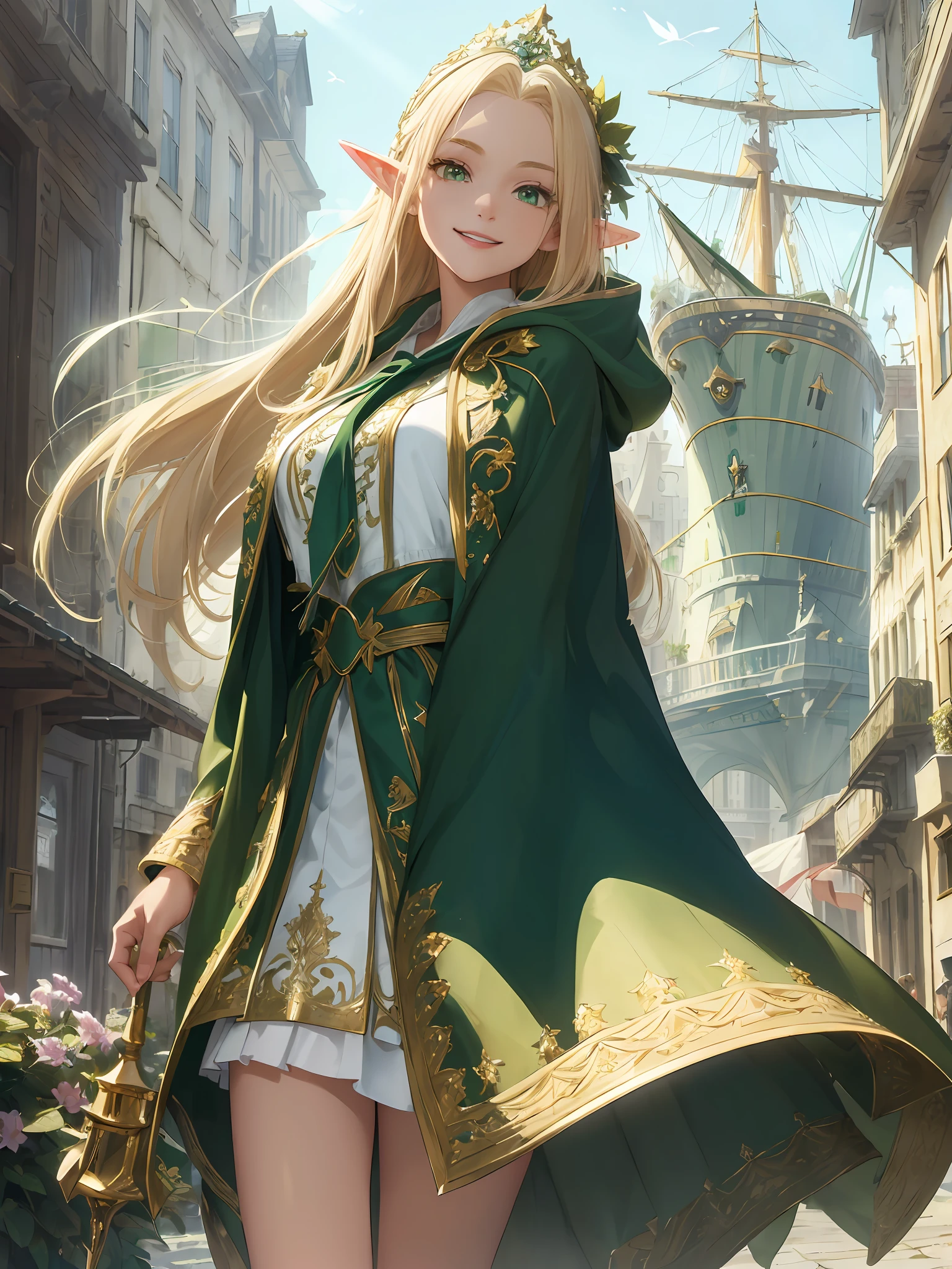 (((Masterpiece, highest quality, high definition, high detail)))), ((((Fantasy))), one, (Elf woman)))), (short skirt white with gold embroidery), (blonde long straight hair), (glossy dark green eyes), (green surcoat embroidered with gold), big, (street corner of a port town)), (Huge sailing ship docked in the harbor)), (Looking up at the sailing ship))), (( The vast ramparts surrounding the walled city)), (((Richly decorated green cloak)), tilting the head, smiling, (breeze), particles of light flying