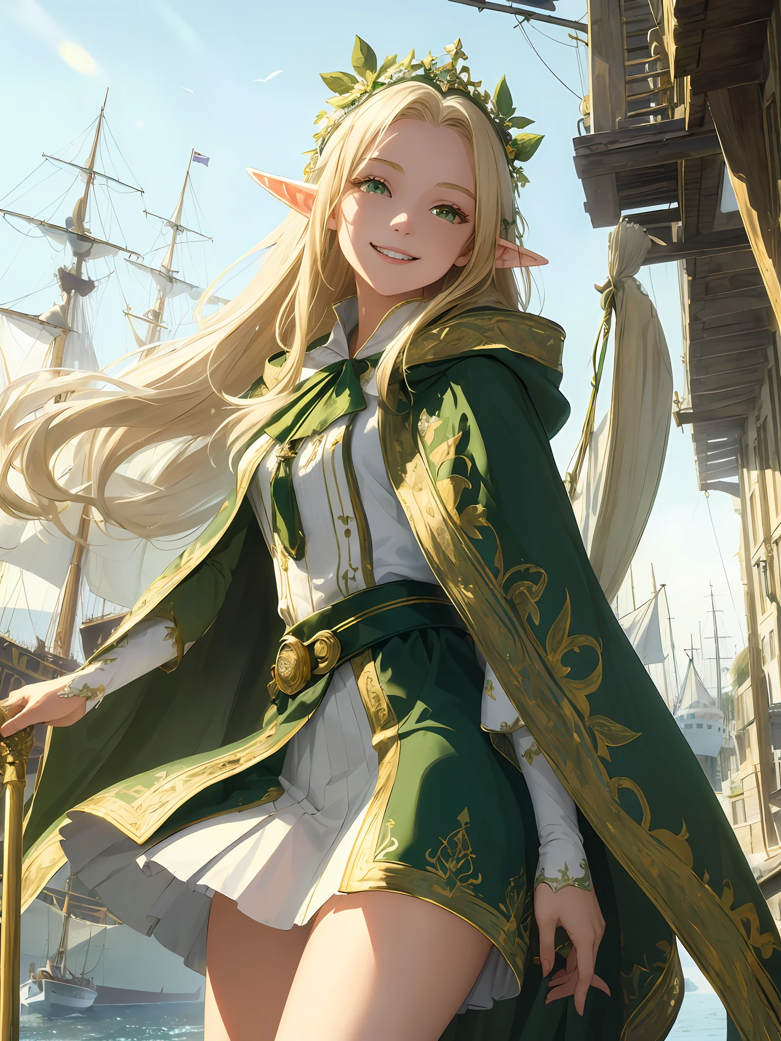 (((Masterpiece, highest quality, high definition, high detail)))), ((((Fantasy))), one, (Elf woman)))), (short skirt white with gold embroidery), (blonde long straight hair), (glossy dark green eyes), (green surcoat embroidered with gold), big, (street corner of a port town)), (Huge sailing ship docked in the harbor)), (Looking up at the sailing ship))), (( The vast ramparts surrounding the walled city)), (((Richly decorated green cloak)), tilting the head, smiling, (breeze), particles of light flying