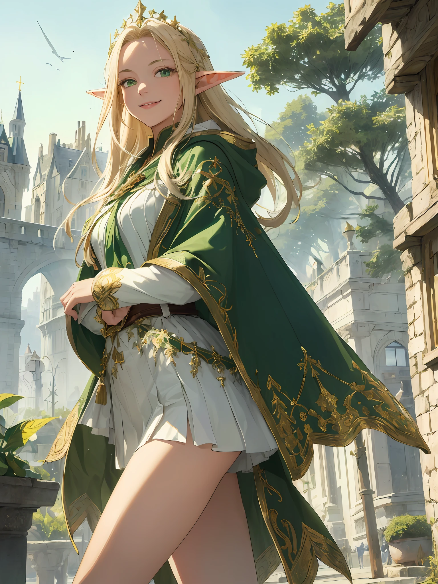 (((Masterpiece, highest quality, high definition, high detail)))), ((((Fantasy))), one, (Elf woman)))), (short skirt white with gold embroidery), (blonde long straight hair), (glossy dark green eyes), (green surcoat embroidered with gold), big, (street corner of a port town)), (Huge sailing ship docked in the harbor)), (Looking up at the sailing ship))), (( The vast ramparts surrounding the walled city)), (((Richly decorated green cloak)), tilting the head, smiling, (breeze), particles of light flying