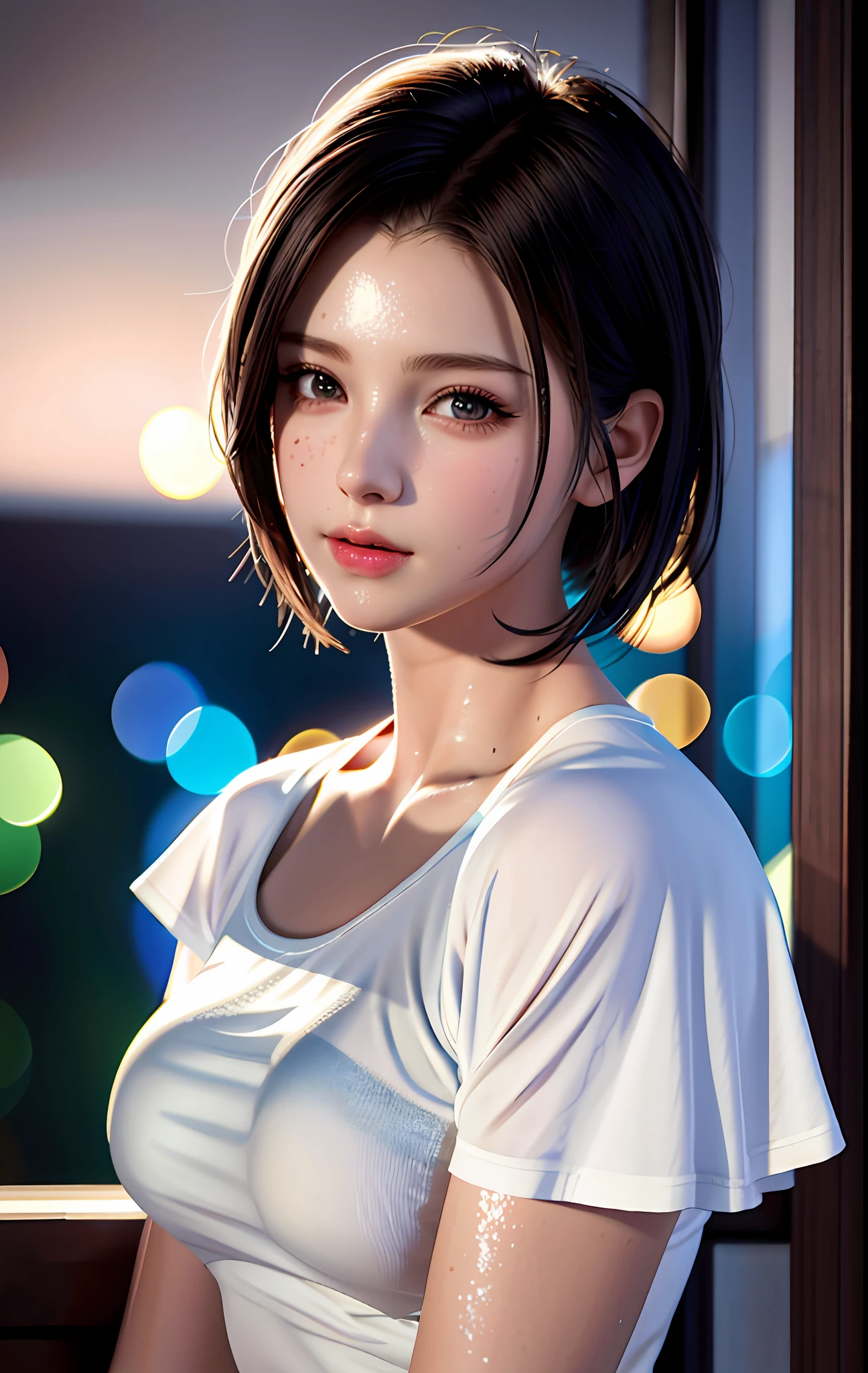 best quality, masterpiece, high_res, 1 girl, beautiful face, photo realistic, edge lighting, (high detail skin: 1.2), 8k ultra hd, dslr camera, high quality, high resolution, 4k, 8k, bokeh, big breasts, ridiculous, best ratio Four fingers and one finger, wet shirt, wet body, no bra, (realistic: 1.2), white t-shirt, dimly lit, backlit, dark, highly detailed, short hair, sweet