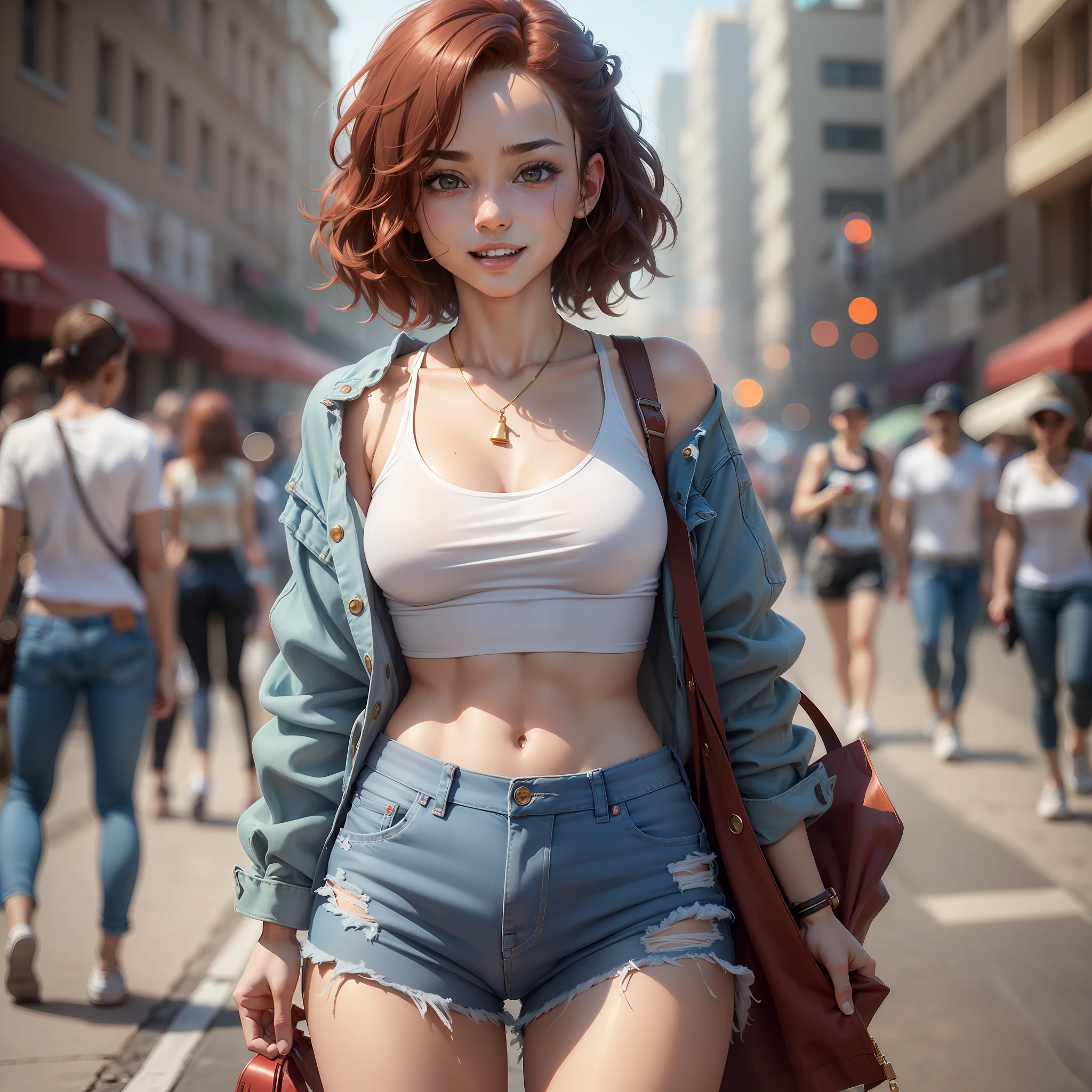 ((small breasts, tomboyish girls,cute, sexy, happy)), (chiselled abdomen: 1.1), (perfect body: 1.1), (short wavy hair: 1.2), red hair, full body photo, busy street, wearing white tank top, denim jacket, gold necklace((jeans shorts)), ((walking)), (extremely detailed CG 8k wallpaper), (an extremely delicate and beautiful masterpiece), (best quality: 1.0), (high resolution: 1.0),  beautiful lighting, perfect lighting, realistic shadows, [highres], detailed skin, ultra-detailed, ((algulo: side))