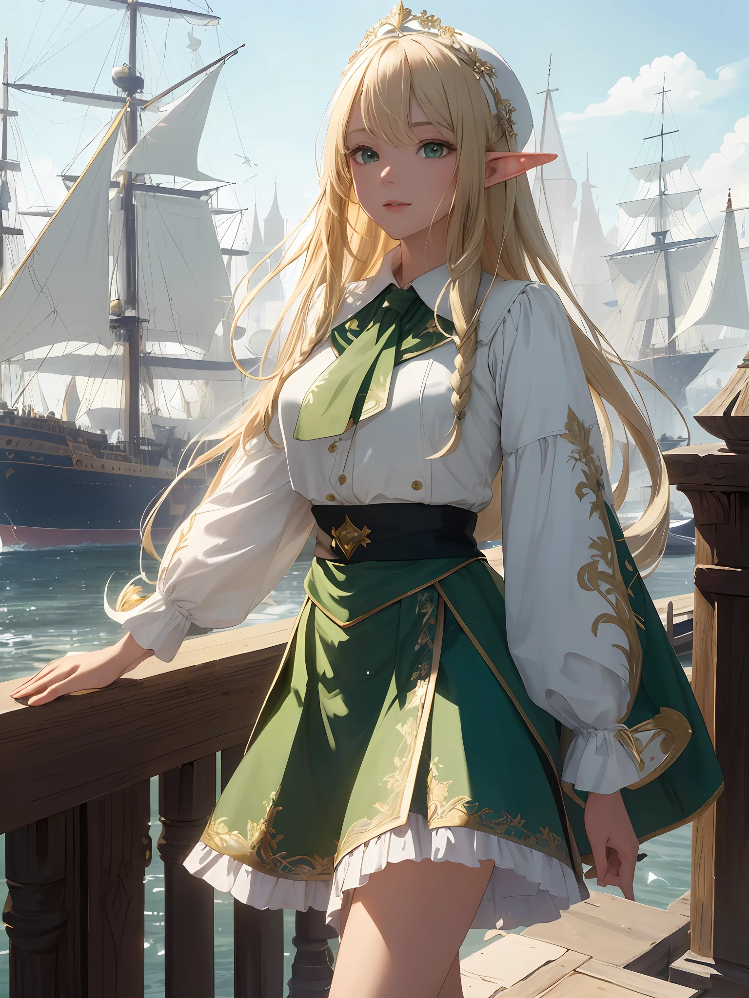 (((Masterpiece, highest quality, high definition, high detail)))), ((((Fantasy))), one, (Elf woman)))), (short skirt white with gold embroidery), (blonde long straight hair), (glossy dark green eyes), (green surcoat embroidered with gold), big, (street corner of a port town)), (Huge sailing ship docked in the harbor)), (Looking up at the sailing ship))), (( Vast ramparts surrounding the fortified city)), surprise, (breeze), particles of light are flying