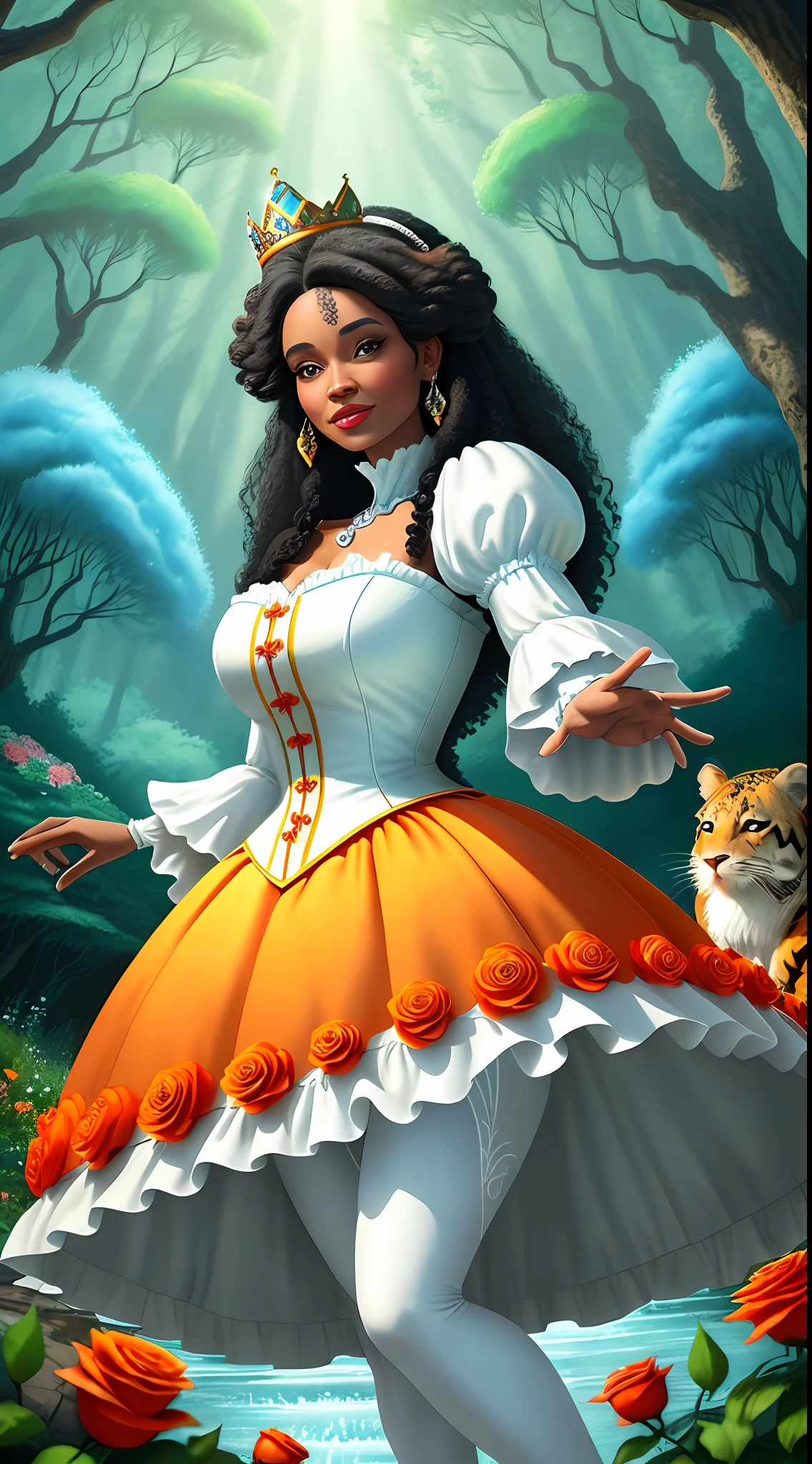 a beautiful middle-aged Afro Snow White Disney Princess wearing a crown in the woods with many cute animals near her., dancing first-person view. Many flowers of various colors. A sunny day. with a river and a fairytale castle in the background. Walt Disney cartoon style masterpiece, multiple angles looking to the camera, big orange and red roses, 3, smelling, light smile, cuty animals, satellite image, close-up, dutch angle