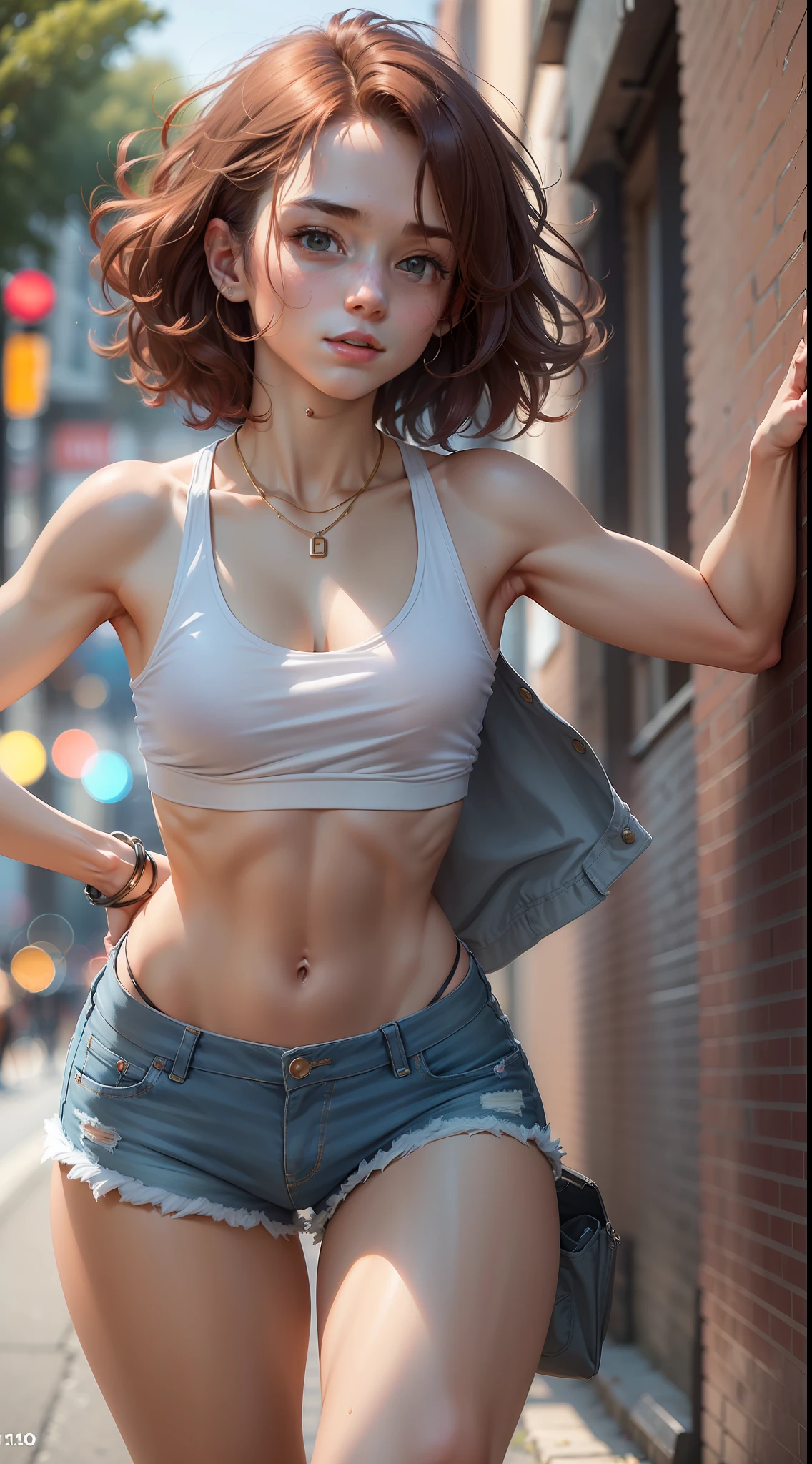 ((small breasts, tomboyish girls,cute, sexy)), (chiselled abdomen: 1.1), (perfect body: 1.1), (short wavy hair: 1.2), red hair, full body photo, busy street, wearing white tank top, denim jacket, gold necklace((jean shorts)), ((running with your dog)), (extremely detailed CG 8k wallpaper), (an extremely delicate and beautiful masterpiece), (best quality: 1.0),  (high resolution: 1.0), beautiful lighting, perfect lighting, realistic shadows, [highres], detailed skin, ultra-detailed