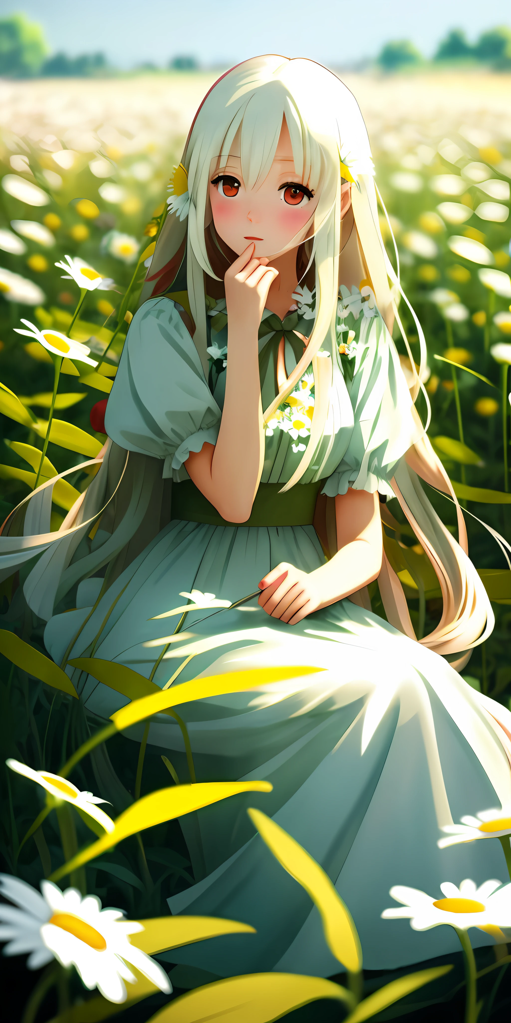 Long-eared elf girl from anime sitting in a field of daisies,  in dress, a maid in a magical forest, digital art in Pixiv, Anime girl with long hair, Guweiz in Pixiv Artstation, beautiful sunflower anime girl, blonde anime girl with long white hair, red eyes, Guweiz style art, Waifu cute anime in a nice dress