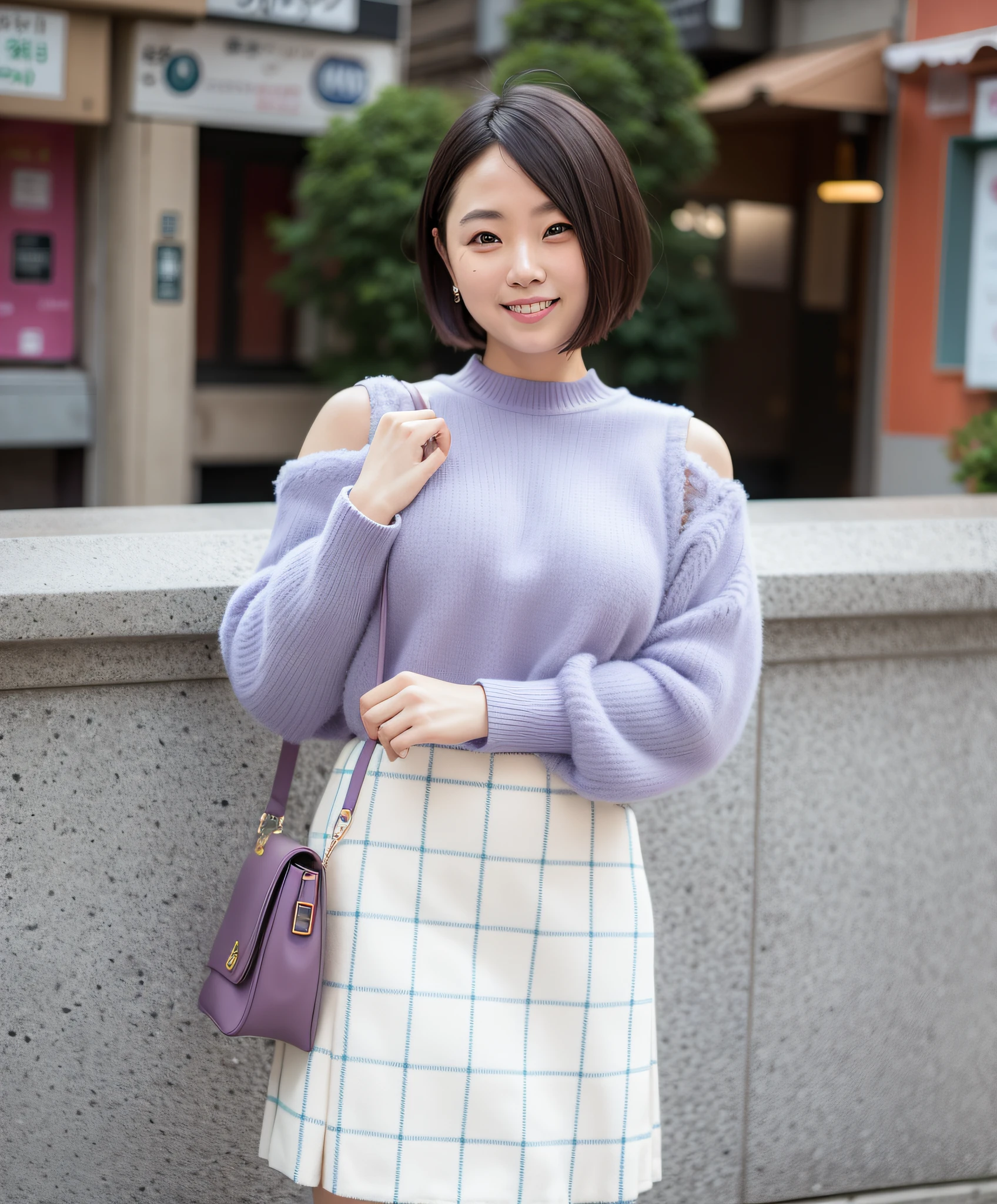 araffe woman in a purple sweater and a white skirt posing for a picture, korean women's fashion model, feminine in cute pastel shades, with short hair, chiho, full portrait, feminine in pastel shades, in pastel colors, japanese city street fashion, in city street, purple outfit, chiho ashima, in a tokyo street, style of yoshii chie