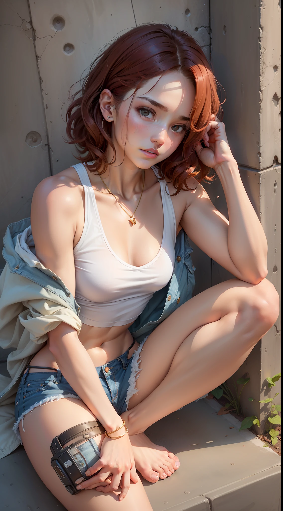 ((small breasts, tomboyish girls,cute, sexy)), (chiselled abdomen: 1.1), (perfect body: 1.1), (short wavy hair: 1.2), red hair, full body photo, busy street, wearing white tank top, denim jacket, gold necklace((jean shorts)), ((sitting on the sidewalk)), (extremely detailed CG 8k wallpaper), (an extremely delicate and beautiful masterpiece), (best quality: 1.0), (high resolution:  1.0), beautiful lighting, perfect lighting, realistic shadows, [highres], detailed skin, ultra-detailed