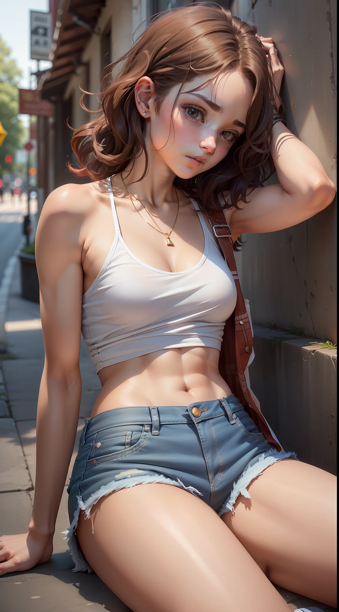 ((small breasts, tomboyish girls,cute, sexy)), (chiselled abdomen: 1.1), (perfect body: 1.1), (short wavy hair: 1.2), red hair, full body photo, busy street, wearing white tank top, denim jacket, gold necklace((jean shorts)), ((sitting on the sidewalk)), (extremely detailed CG 8k wallpaper), (an extremely delicate and beautiful masterpiece), (best quality: 1.0), (high resolution:  1.0), beautiful lighting, perfect lighting, realistic shadows, [highres], detailed skin, ultra-detailed