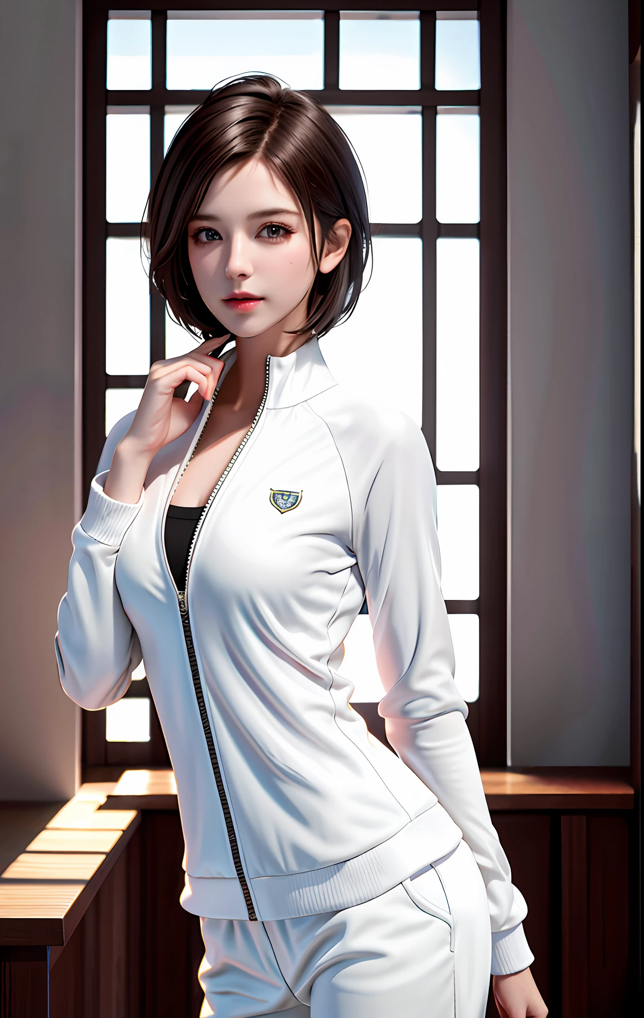 best quality, masterpiece, high_res, 1 girl, beautiful face, photo realistic, edge lighting, (high detail skin: 1.2), 8k ultra hd, DSLR, high quality, high resolution, 4k, 8k, bokeh, medium breast, ridiculous, best ratio Four fingers and one finger, wet shirt, wet body, no bra, (realistic: 1.2), white tracksuit, dimly lit, backlit, dark, highly detailed, short hair, sweet