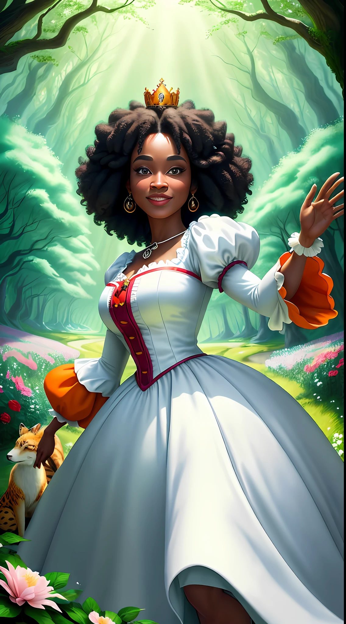 a beautiful middle-aged Afro Snow White Disney Princess wearing a crown in the woods with many cute animals near her., dancing first-person view. Many flowers of various colors. A sunny day. with a river and a fairytale castle in the background. Walt Disney cartoon style masterpiece, multiple angles looking to the camera, big orange and red roses, 3, smelling, light smile, cuty animals, satellite image, close-up, dutch angle