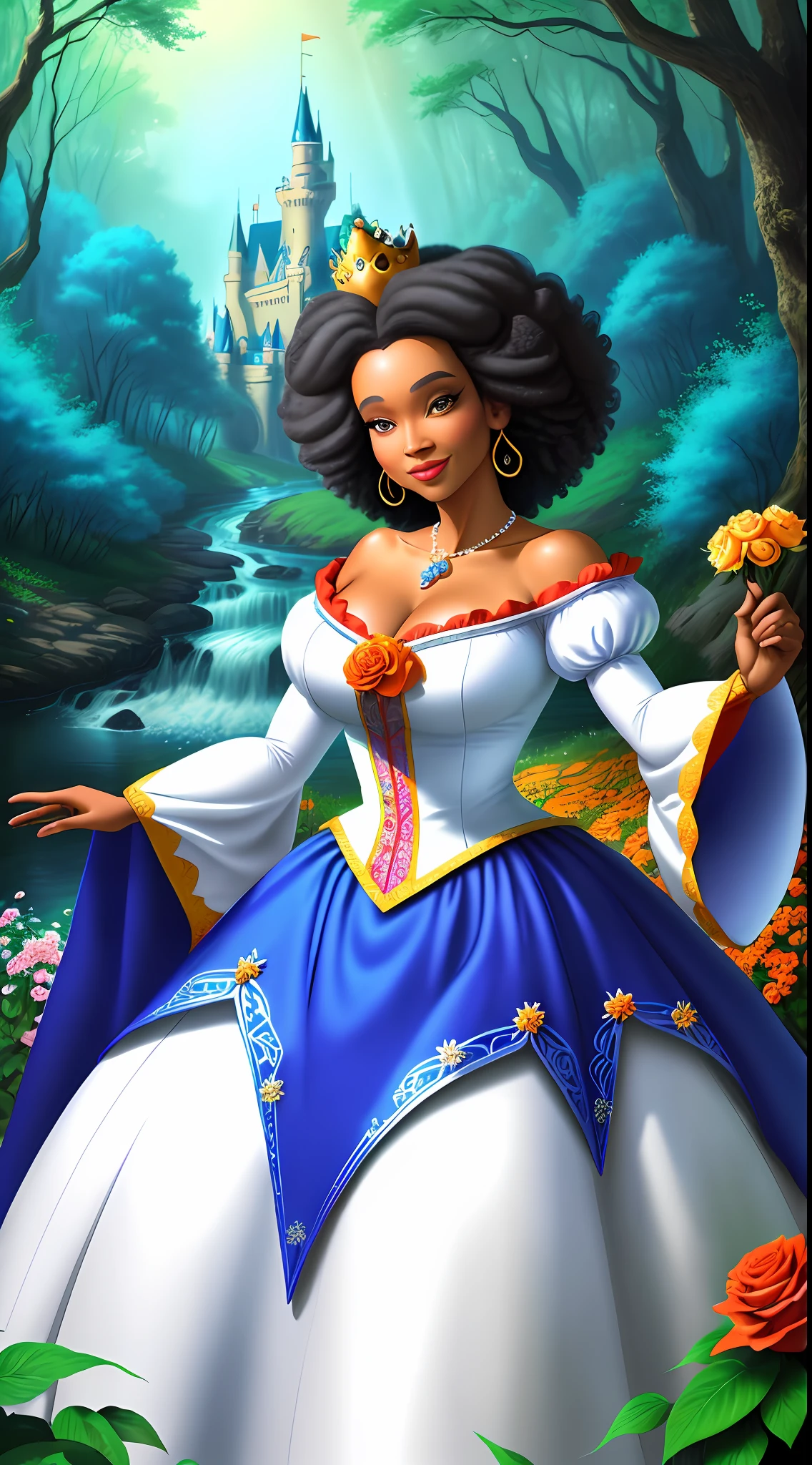 a beautiful middle-aged Afro Snow White Disney Princess wearing a crown in the woods with many cute animals near her., dancing first-person view. Many flowers of various colors. A sunny day. with a river and a fairytale castle in the background. Walt Disney cartoon style masterpiece, multiple angles looking to the camera, big orange and red roses, 3, smelling, light smile, cuty animals, satellite image, close-up, dutch angle