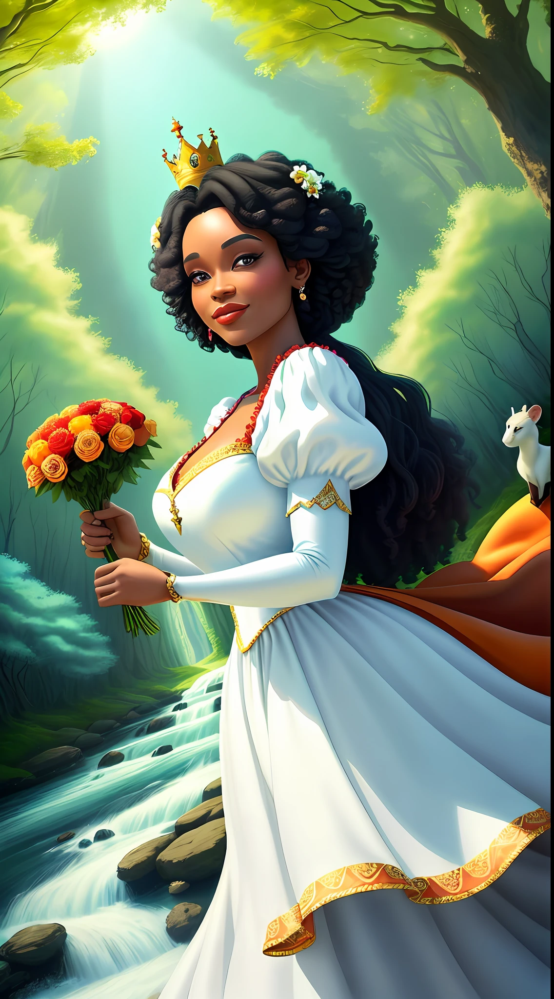 a beautiful middle-aged Afro Snow White Disney Princess wearing a crown in the woods with many cute animals near her., dancing first-person view. Many flowers of various colors. A sunny day. with a river and a fairytale castle in the background. Walt Disney cartoon style masterpiece, multiple angles looking to the camera, big orange and red roses, 3, smelling, light smile, cuty animals, satellite image, close-up, dutch angle