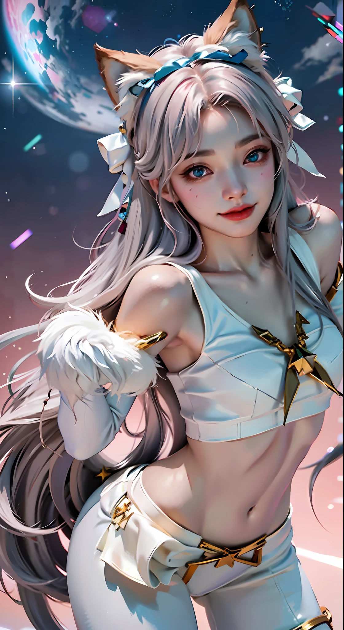 Fox Human, Furry Ears, Ultra Clear, Detail Portrayal, Detail Legs, Greasy Skin, Cinematic Texture, Best Quality, Best Light, White Sweater, White Skinny Yoga Pants, Detail Face, Collarbone, Long Long Legs, Long Hair of Random Color, Random Color Eyes, Light Pollution, 8K, 3D, Hair Accessory Bow, Big, Smile, Expression, Action, Sailor, Hand Refinement, 8K HD, Star Guardian, Greasy Skin, Best Angle, Ultra HD Quality, Role Play, Unreal Engine, Best Gloss, Best quality, masterpiece, highest image quality