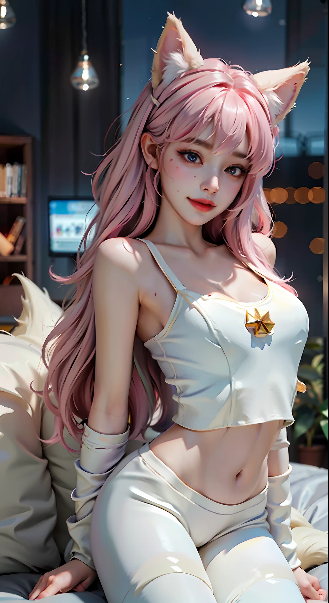 Fox Human, Furry Ears, Ultra Clear, Detail Portrayal, Detail Legs, Greasy Skin, Cinematic Texture, Best Quality, Best Light, White Sweater, White Skinny Yoga Pants, Detail Face, Collarbone, Long Long Legs, Long Hair of Random Color, Random Color Eyes, Light Pollution, 8K, 3D, Hair Accessory Bow, Big, Smile, Expression, Action, Sailor, Hand Refinement, 8K HD, Star Guardian, Greasy Skin, Best Angle, Ultra HD Quality, Role Play, Unreal Engine, Best Gloss, Best quality, masterpiece, highest image quality
