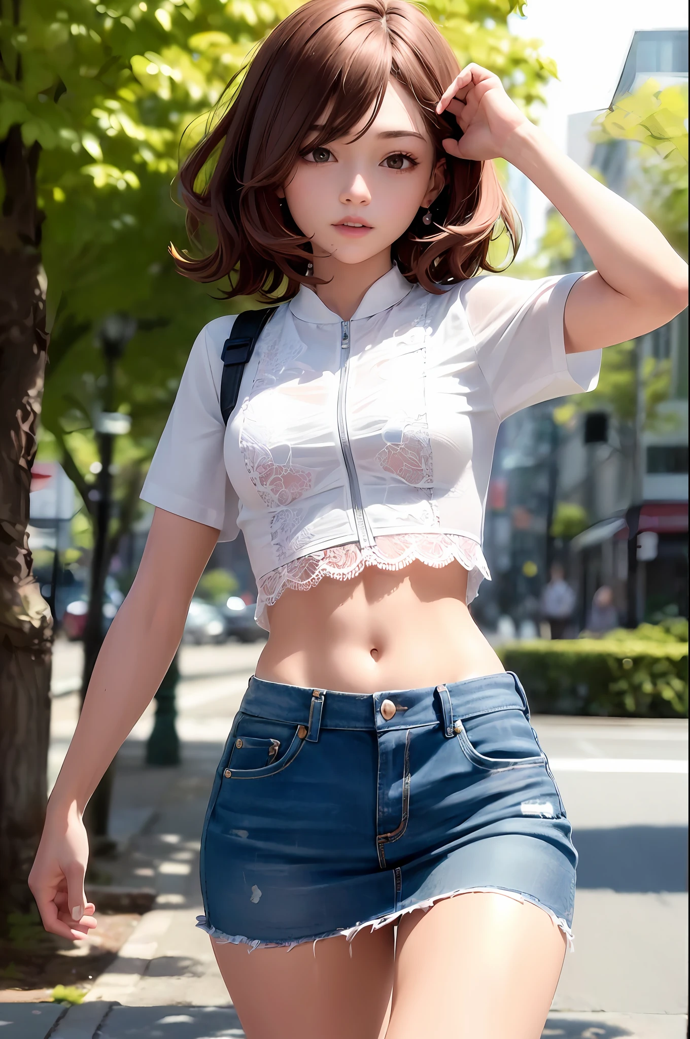 ((medium chest, tomboyish girls, sexy)), daylight, sunshine, (chiselled abdomen: 1.1), (perfect body: 1.1), (short wavy hair: 1.2), red hair, full body photo, busy street, wearing white lace top, denim jacket, ((shredded mini skirt)), (extremely detailed CG 8k wallpaper), (an extremely delicate and beautiful wallpaper), (masterpiece), (best quality:  1.0), (high resolution: 1.0), beautiful lighting, perfect lighting, realistic shadows, [highres], detailed skin, ultra-detailed