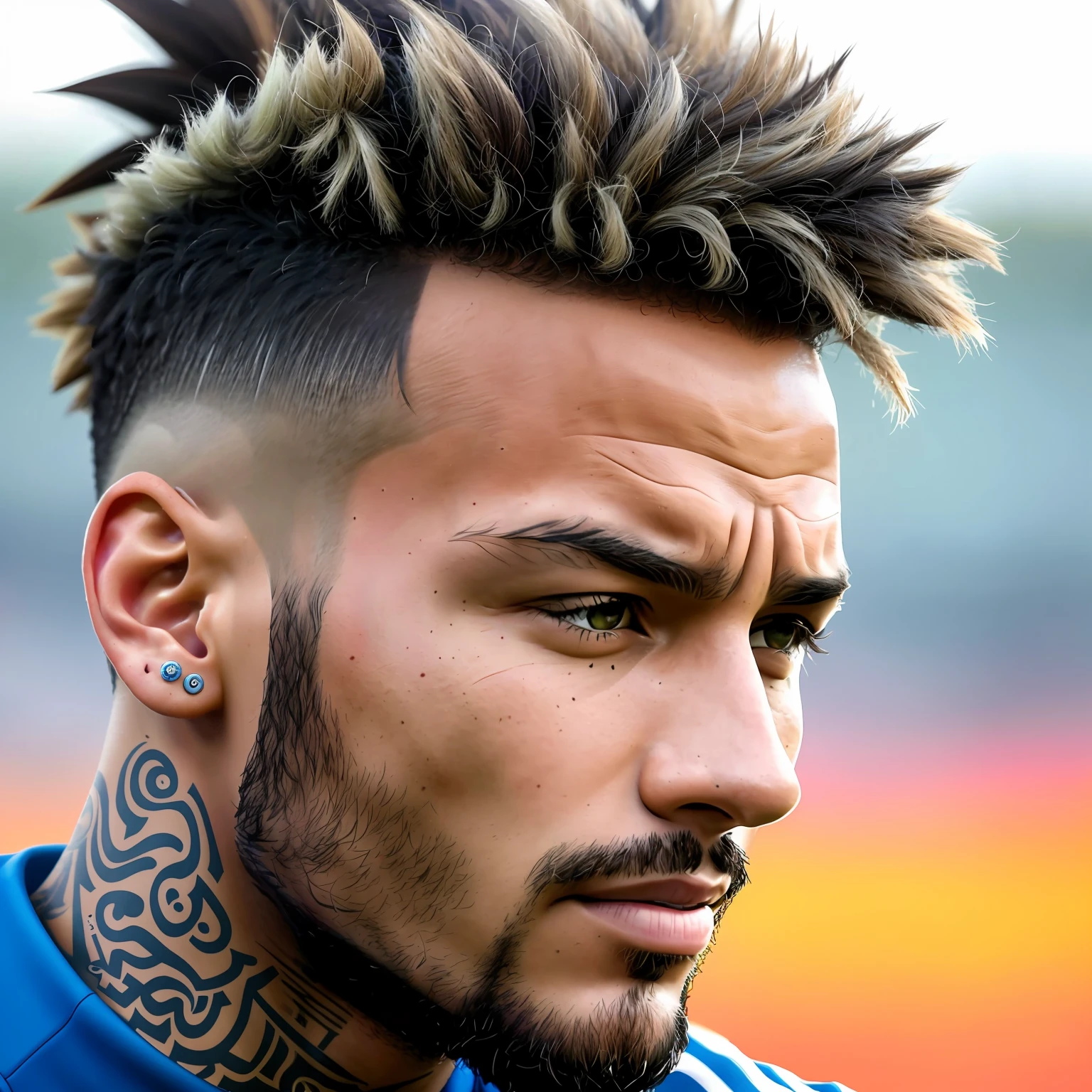 a close up of a soccer player with a mohawk on his head, a picture inspired by Jules Tavernier, trending on dribble, les nabis, neymar jr, neymar, neymar in fortnite, neymar in gta v, he is 3 5 , trending photo, 2023, 2 0 2 3, cr3