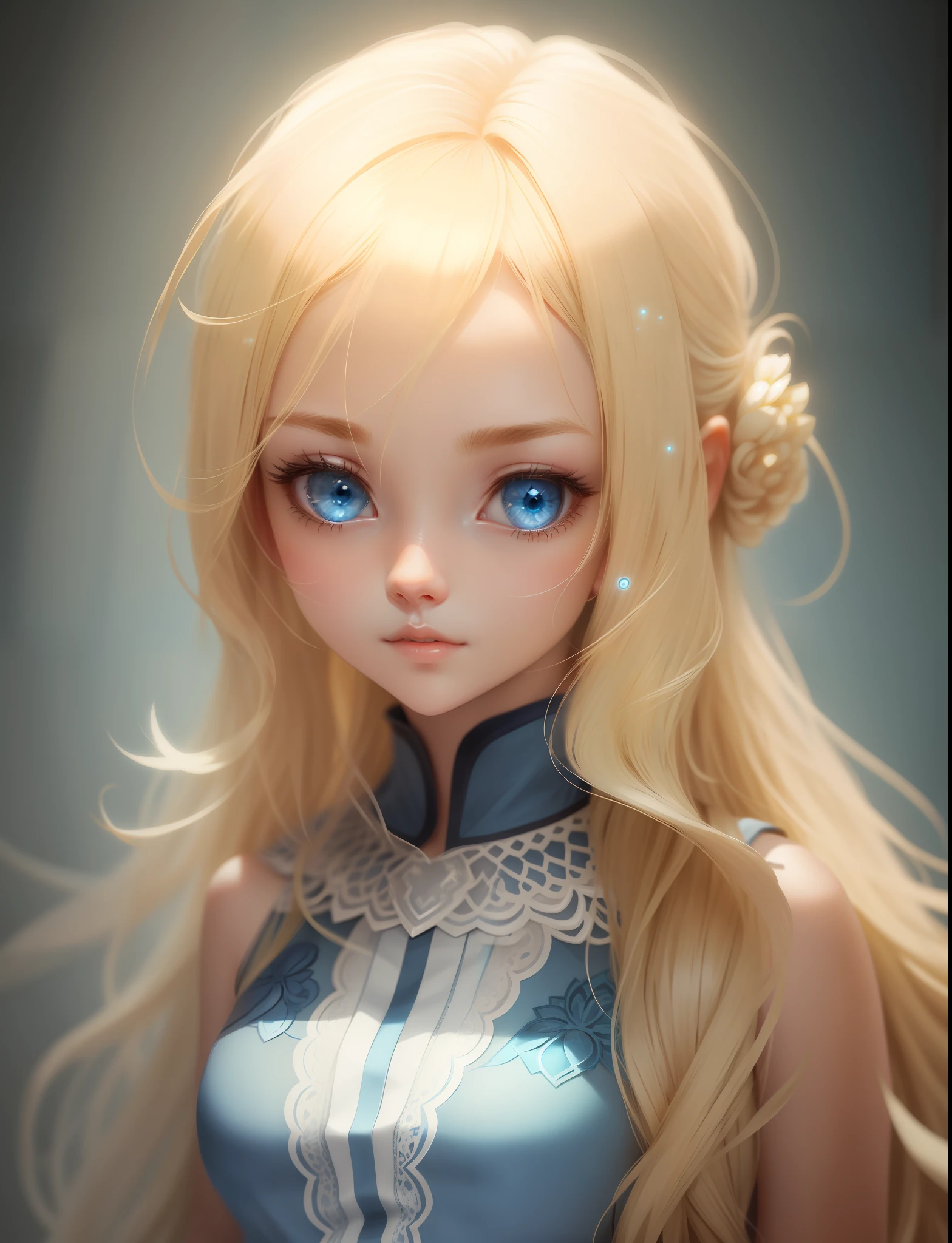 Beautiful girl, blonde hair, blue eyes, intricate details, volumetric light, anime style
