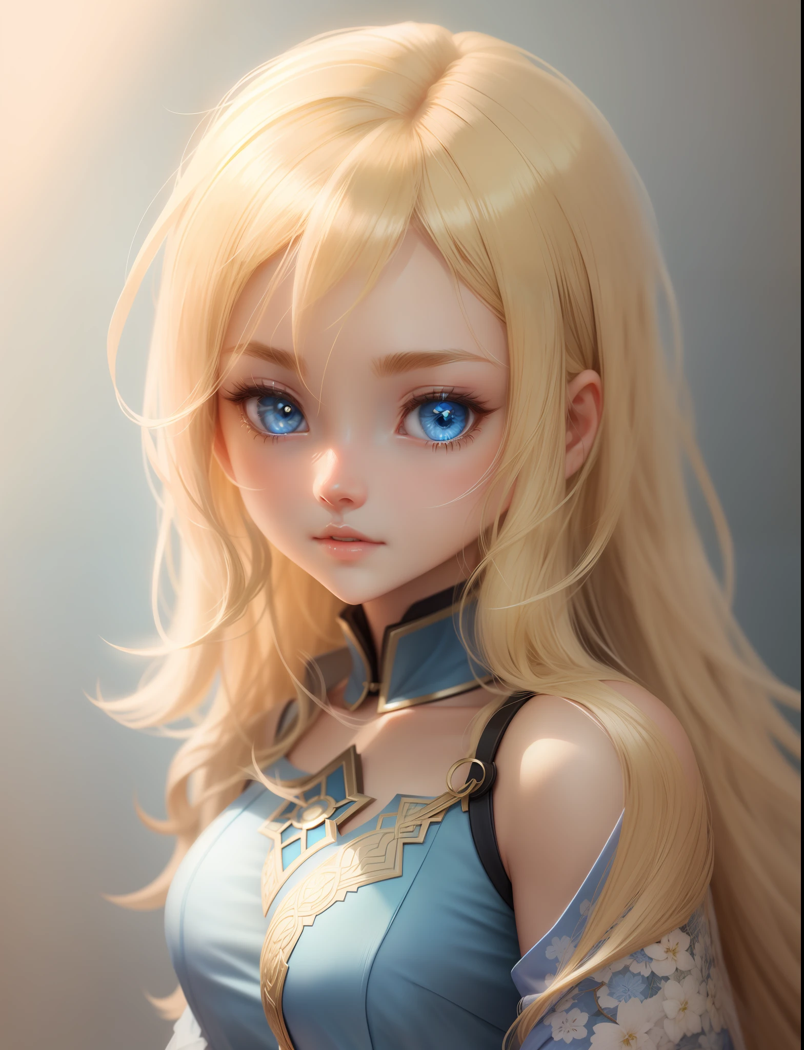 Beautiful girl, blonde hair, blue eyes, intricate details, volumetric light, anime style