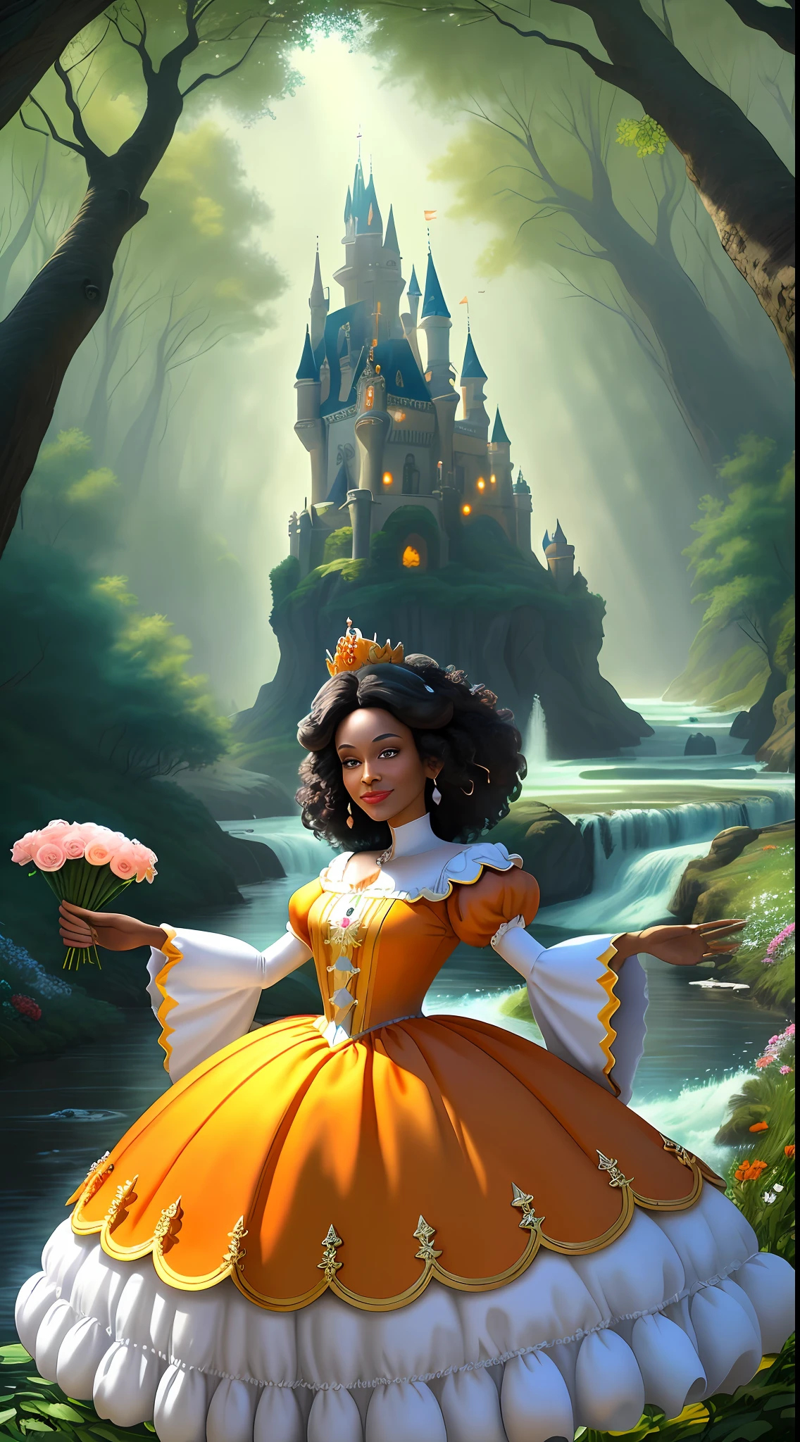 a beautiful middle-aged Afro Snow White Disney Princess wearing a crown in the woods with many cute animals near her., dancing first-person view. Many flowers of various colors. A sunny day. with a river and a fairytale castle in the background. Walt Disney cartoon style masterpiece, multiple angles looking to the camera, big orange and red roses, 3, smelling, light smile, cuty animals, satellite image, close-up, dutch angle